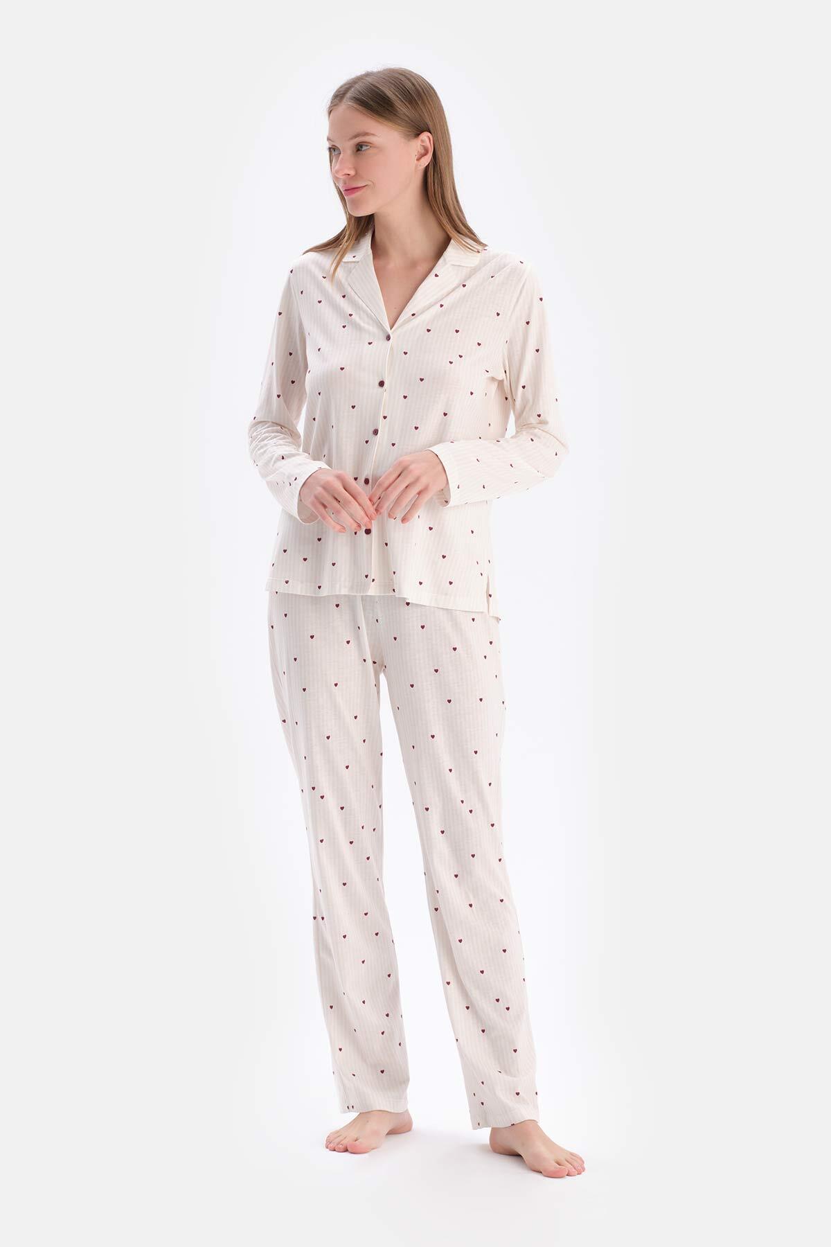 Dagi Ecru Tiny Heart Printed Single Jersey Shirt Pants Pajamas Set Dagi 
                                8683641778846 
                                24SW17615BB_316/ECRU 
