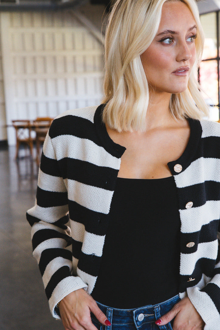 Calliope Stripe Button Down Sweater Crop Jacket Black Hem & Thread 
                                 
                                211092 