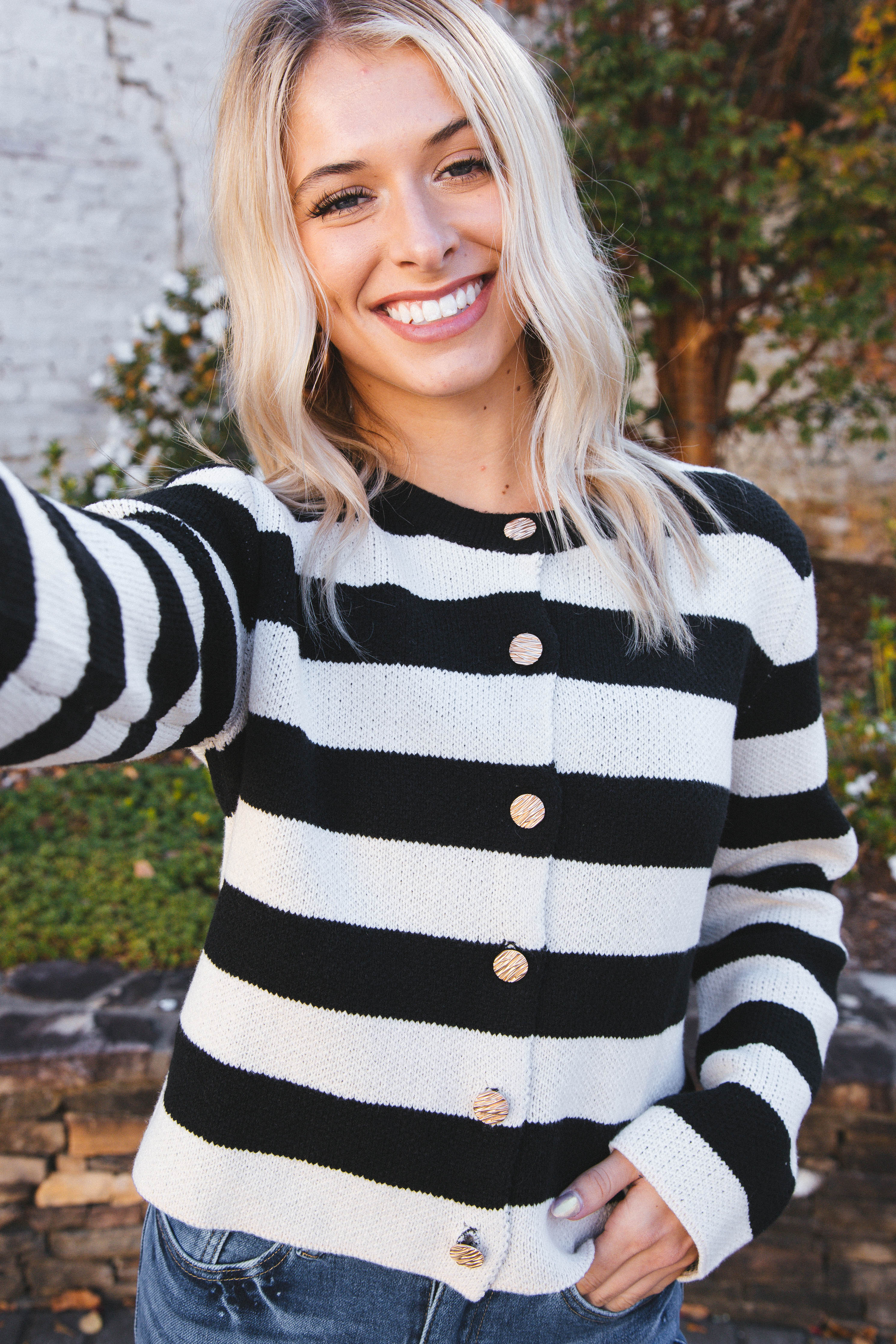 Calliope Stripe Button Down Sweater Crop Jacket Black Hem & Thread 
                                 
                                211092 