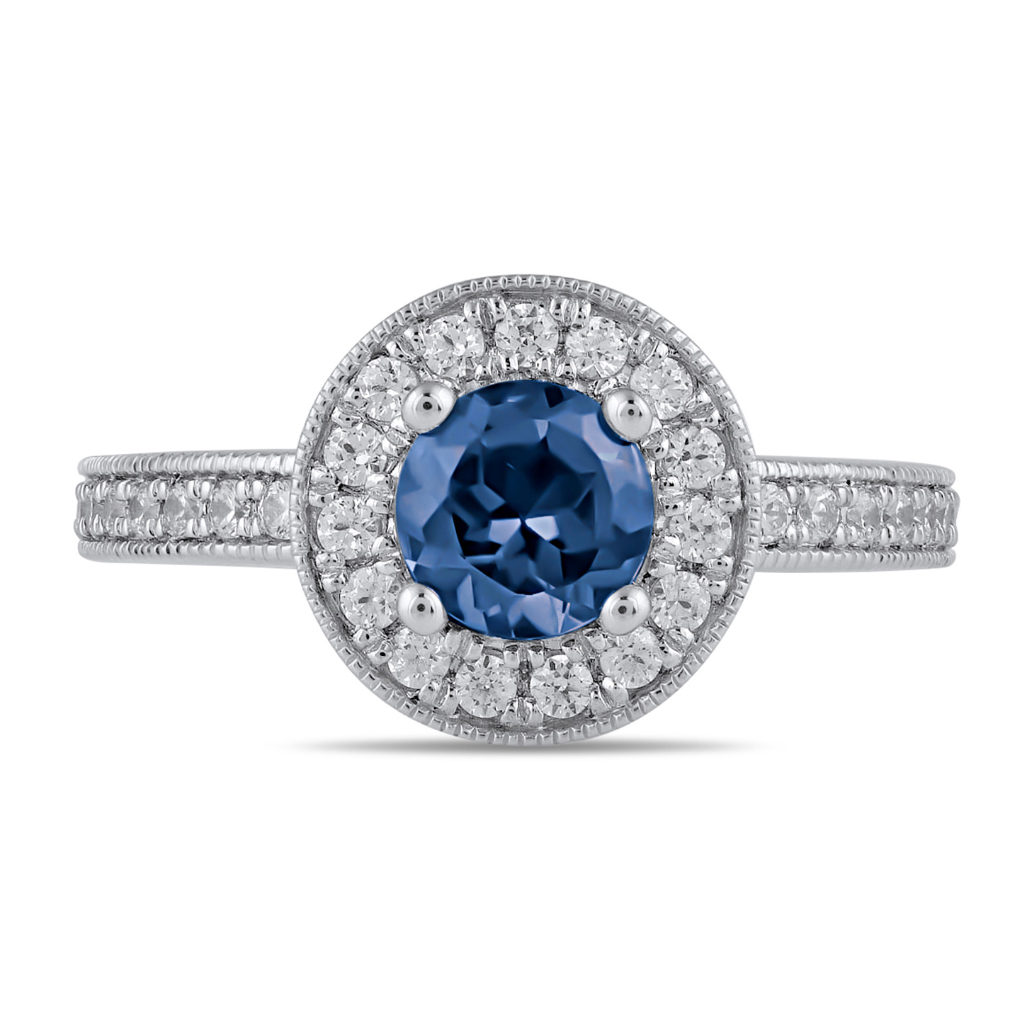 Round Blue Sapphire and 3/8ctw Lab Grown Diamond Halo White Gold Ring - Size 7 REEDS ECONIC 
                                673226402271 
                                QSRF488813LGD10W0S0US7 