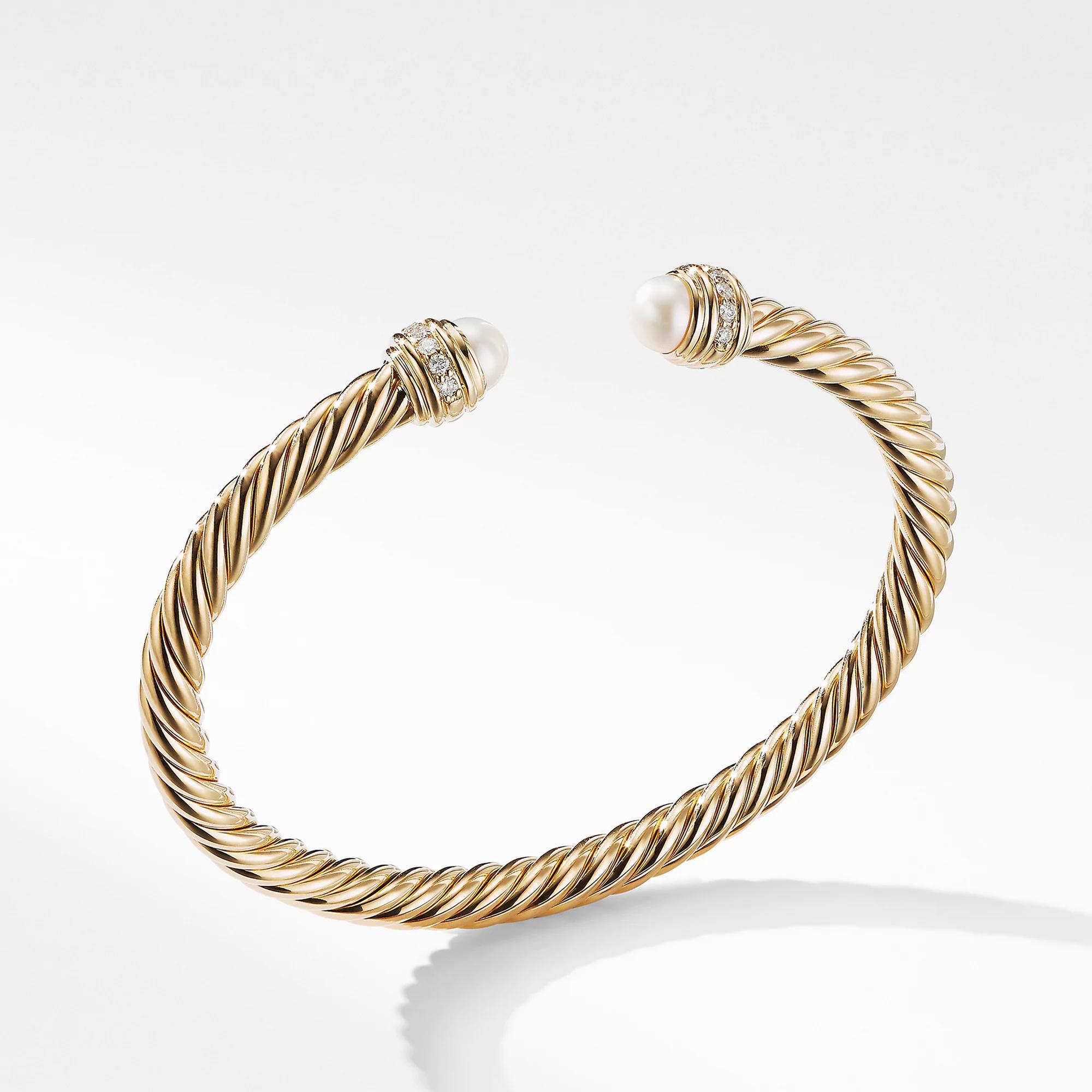 David Yurman Cable Bracelet in 18k Gold with Pearls and Diamonds, 5mm David Yurman 
                                883932992366 
                                B14483D88DPEDIM 