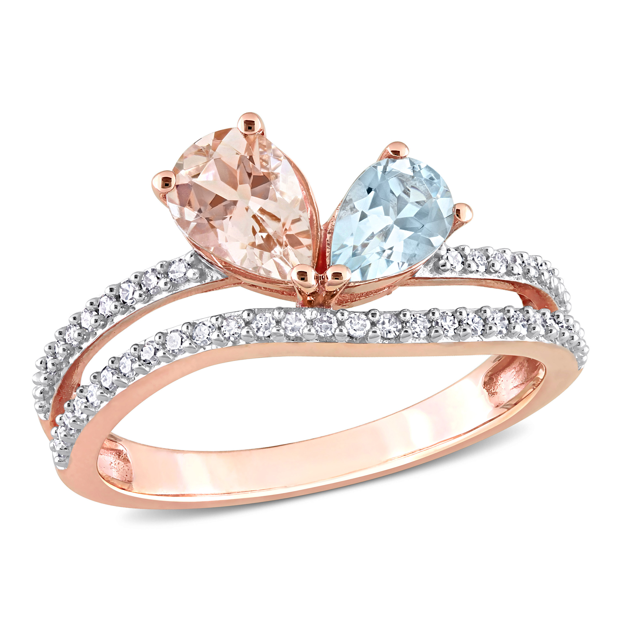 Pear Morganite, Aquamarine, and 1/4ctw Diamond Rose Gold Double Row Ring - Size 9 REEDS 
                                 
                                RDJ004453-0900 