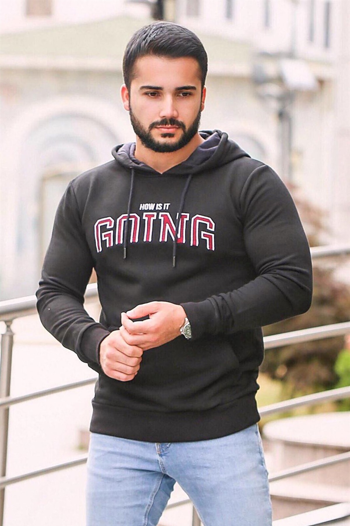 Madmext Black Printed Hooded Sweatshirt