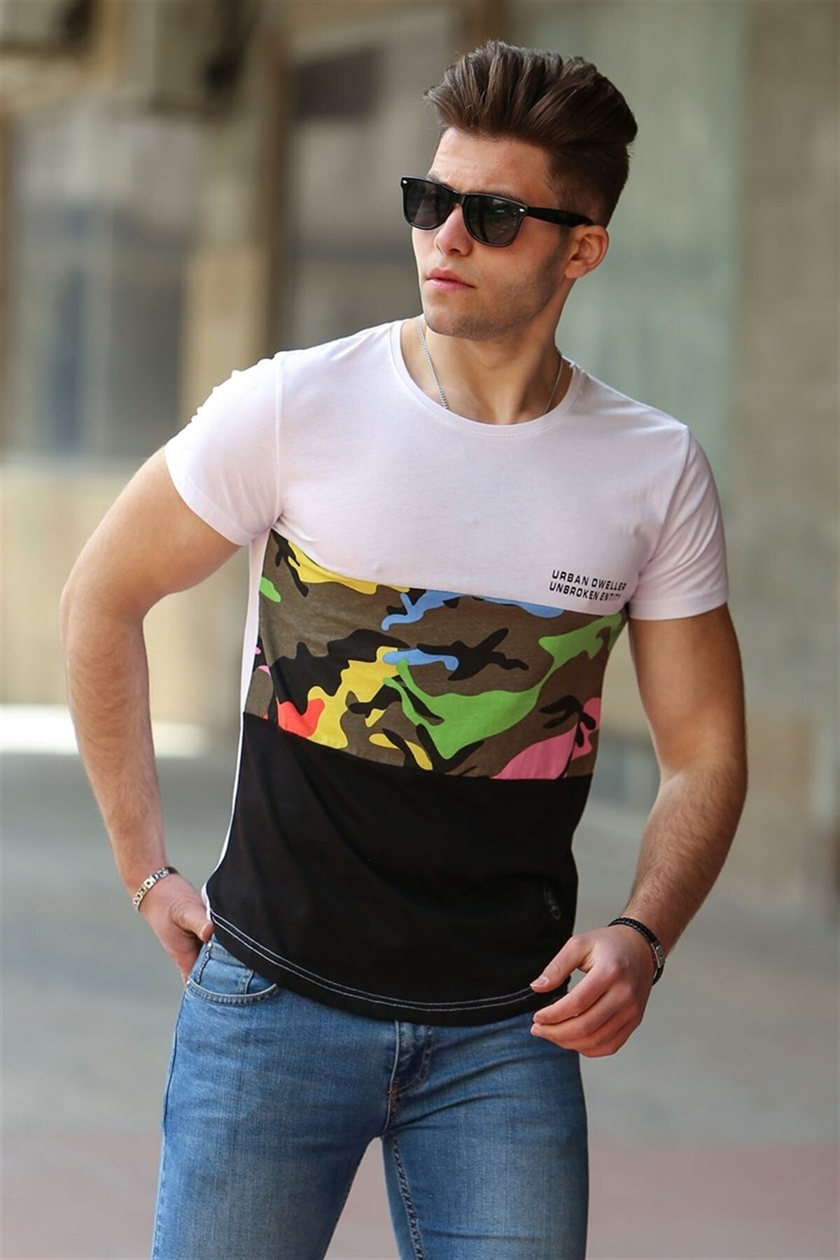 Madmext Camouflage Patterned White T-Shirt 3003