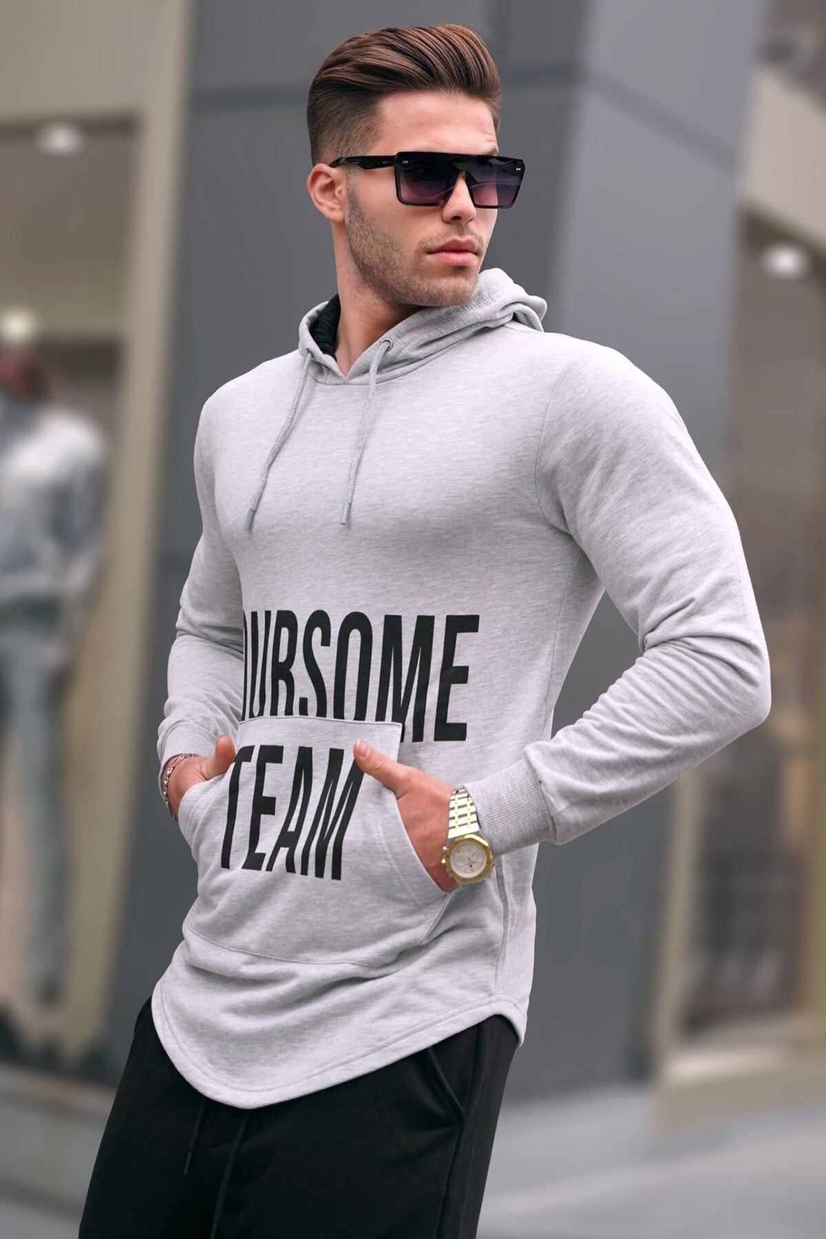 Madmext Printed Gray Hooded Sweatshirt 4148
