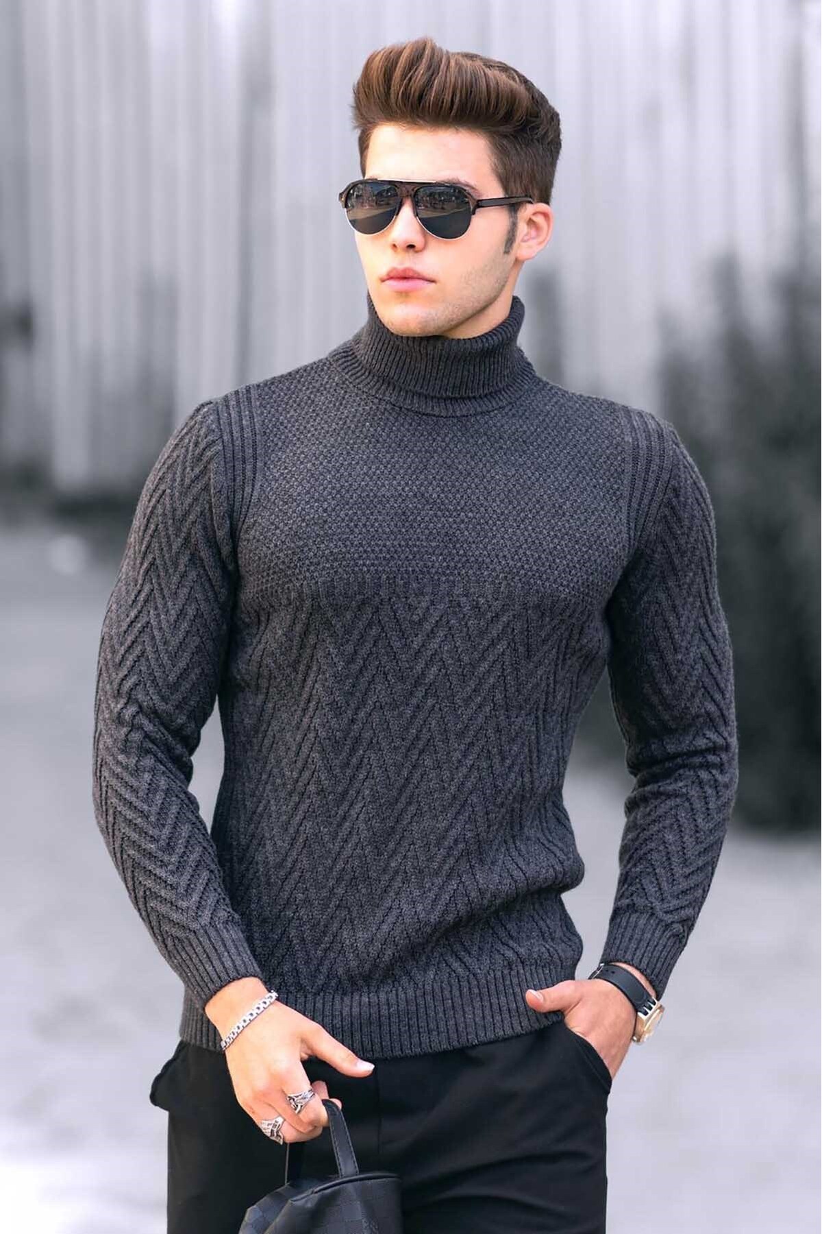 Madmext Anthracite Turtleneck Knitted Patterned Sweater 4655