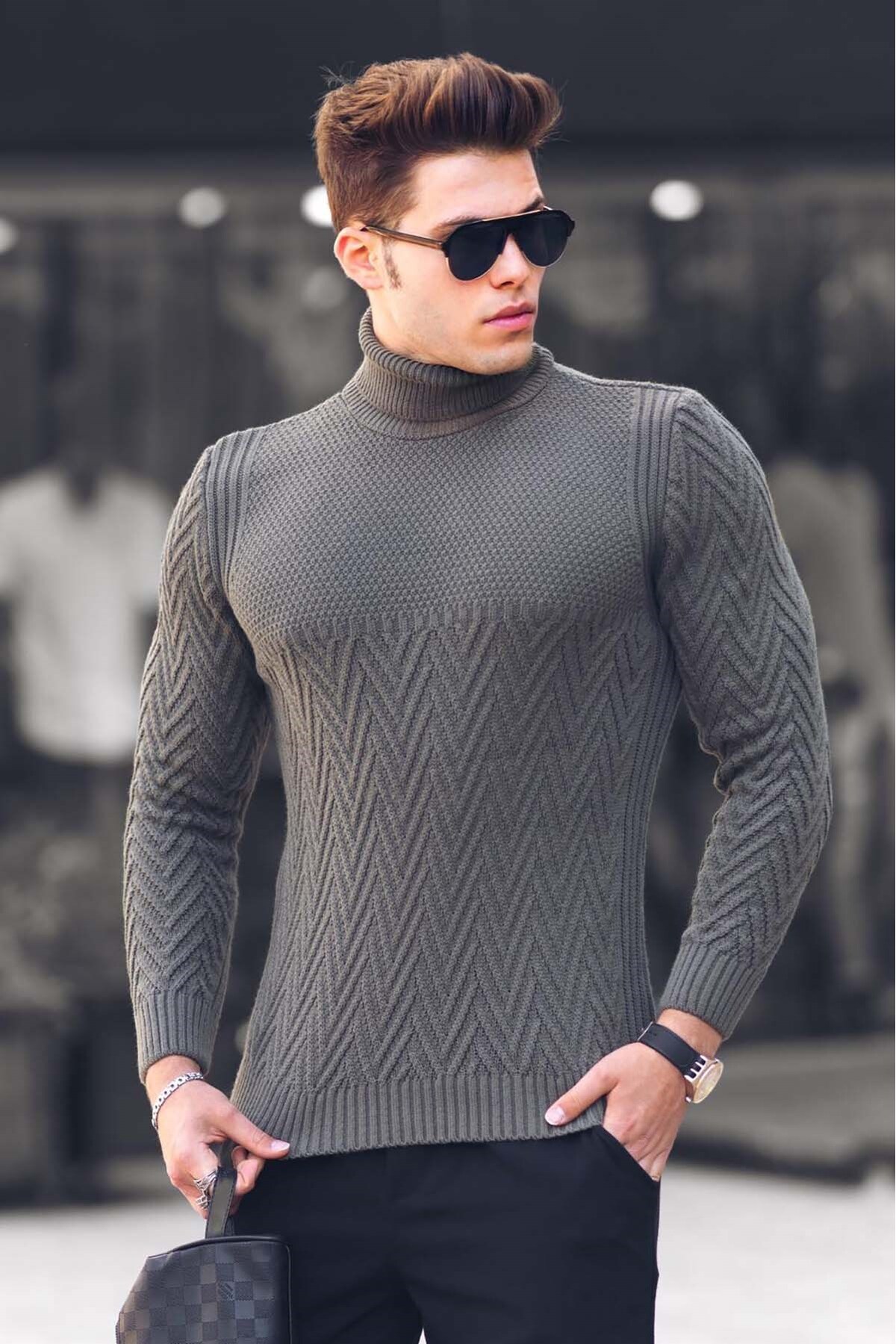 Madmext Khaki Turtleneck Knitted Patterned Sweater 4655