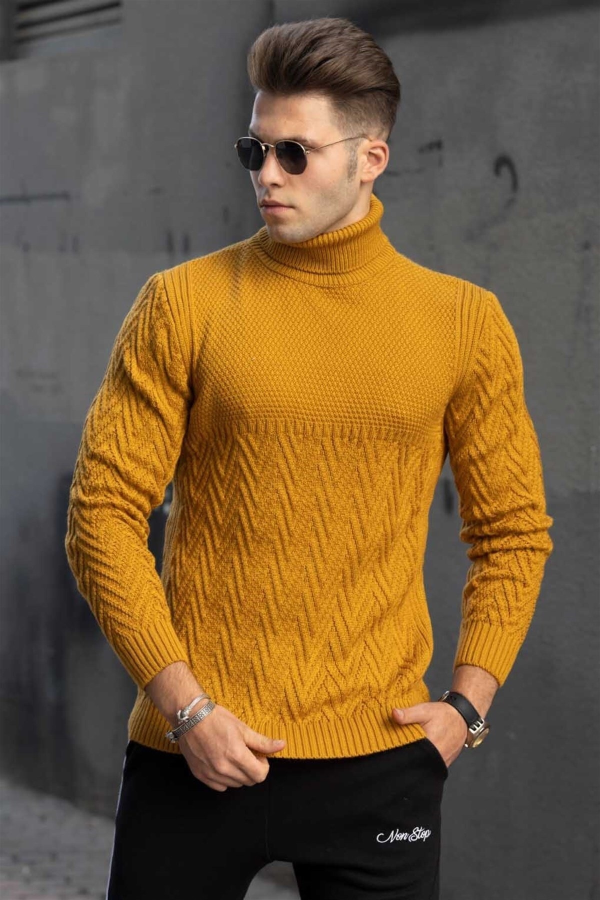 Madmext Mustard Turtleneck Knit Patterned Sweater 4655