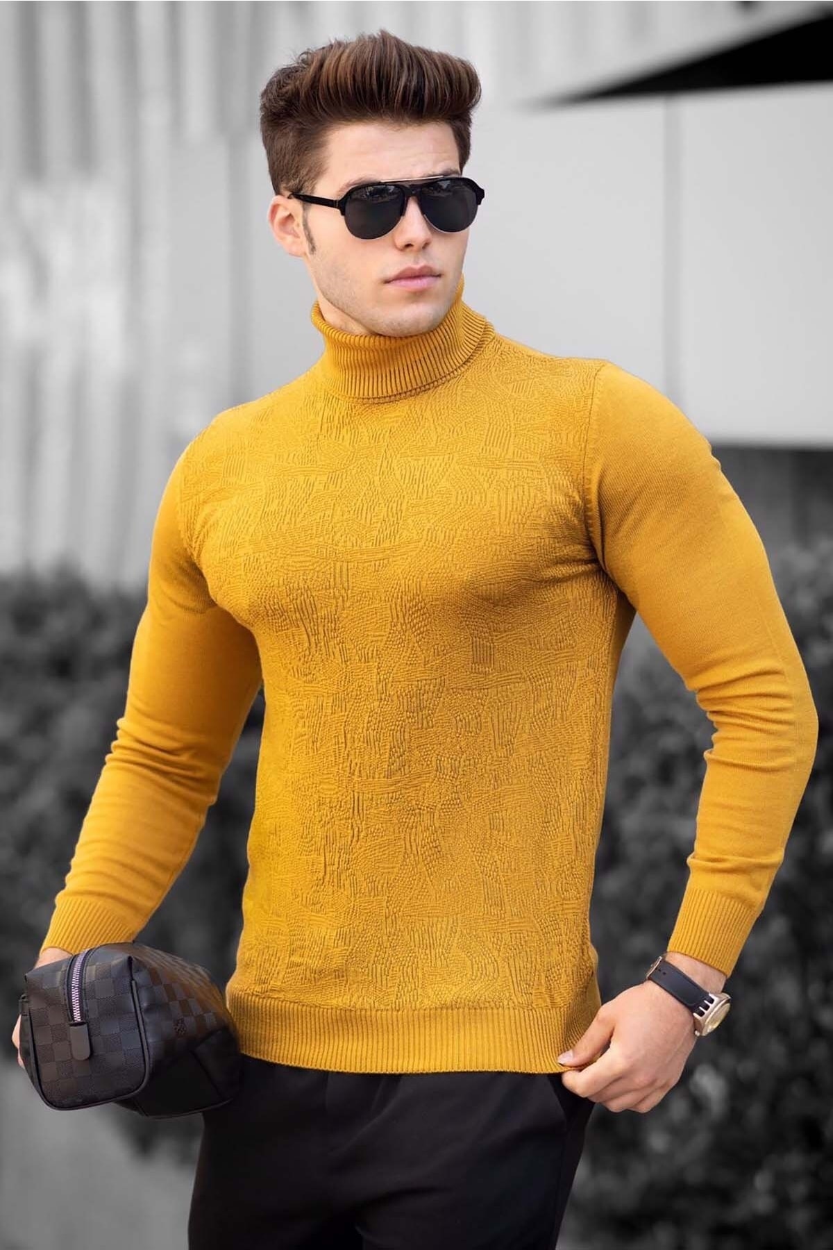 Madmext Mustard Turtleneck Front Patterned Sweater 4657