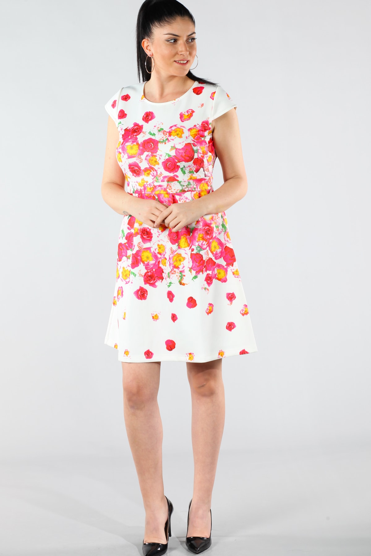 Şans Women's Plus Size Bone Flower Patterned Dress