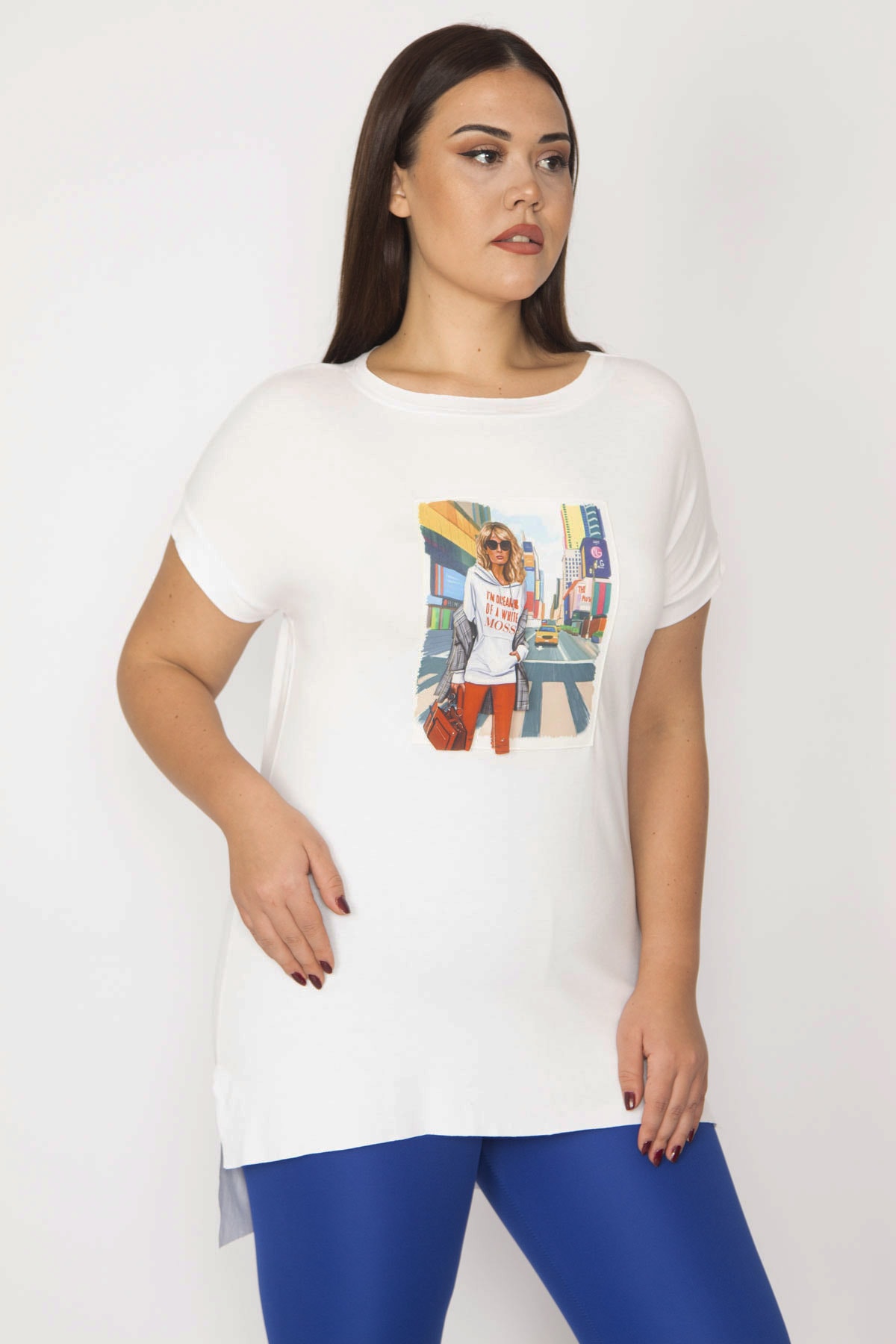 Şans Women's Plus Size White Digital Printed Blouse