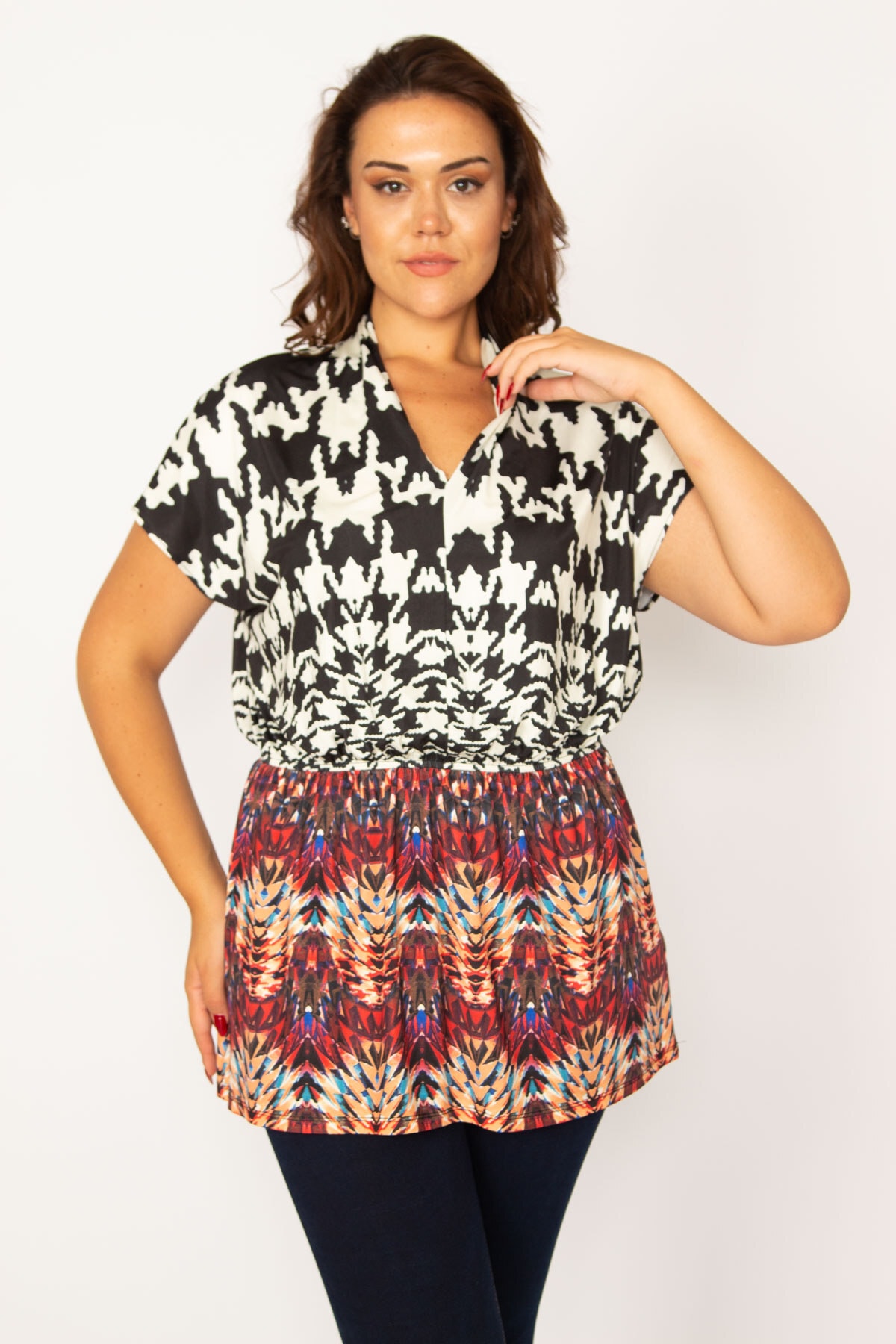 Şans Women's Plus Size Colored Elastic Waist Patterned Patterned Blouse