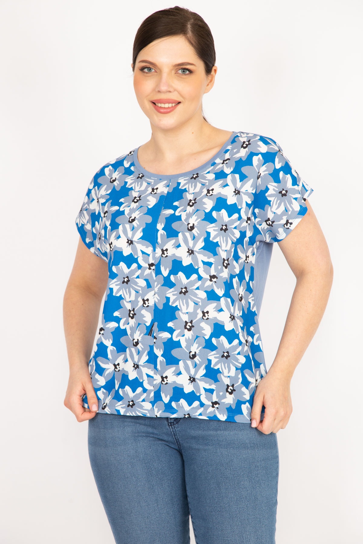 Şans Women's Blue Plus Size Front Patterned Blouse
