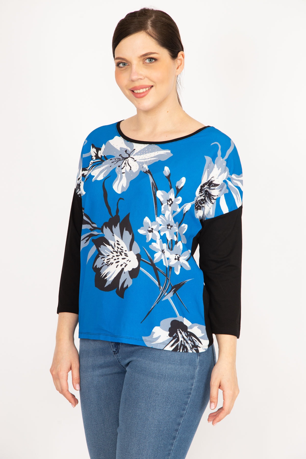 Şans Women's Blue Plus Size Front Patterned Blouse