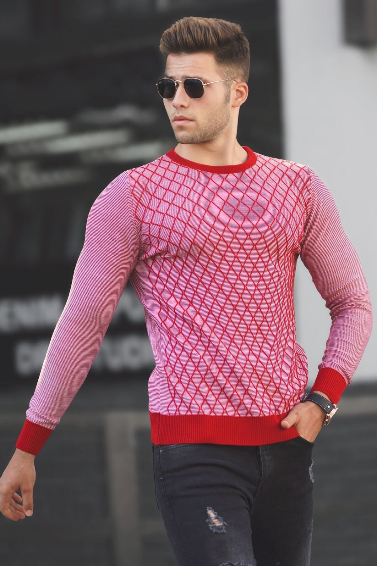 Madmext Red Diamond Patterned Sweater 5190
