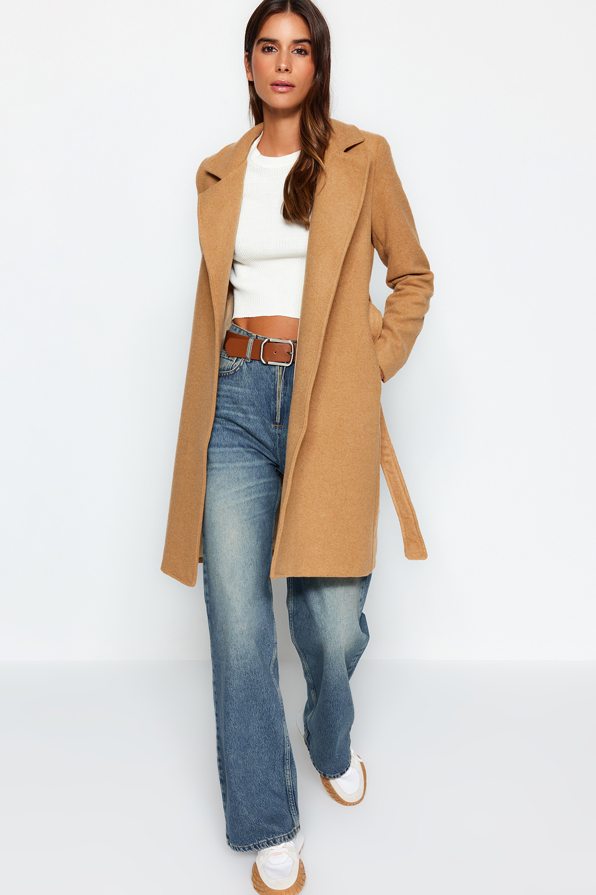 Trendyol Camel Belted Long Wool Cachet Coat