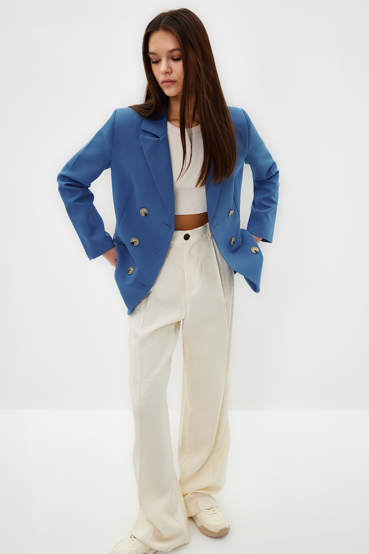 Trendyol Blue Regular Lined Double Breasted Closure Woven Blazer Jacket