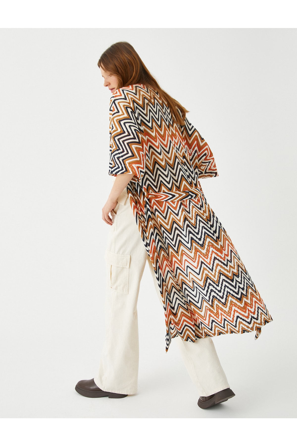 Koton Zigzag Patterned Long Kimono with Belt