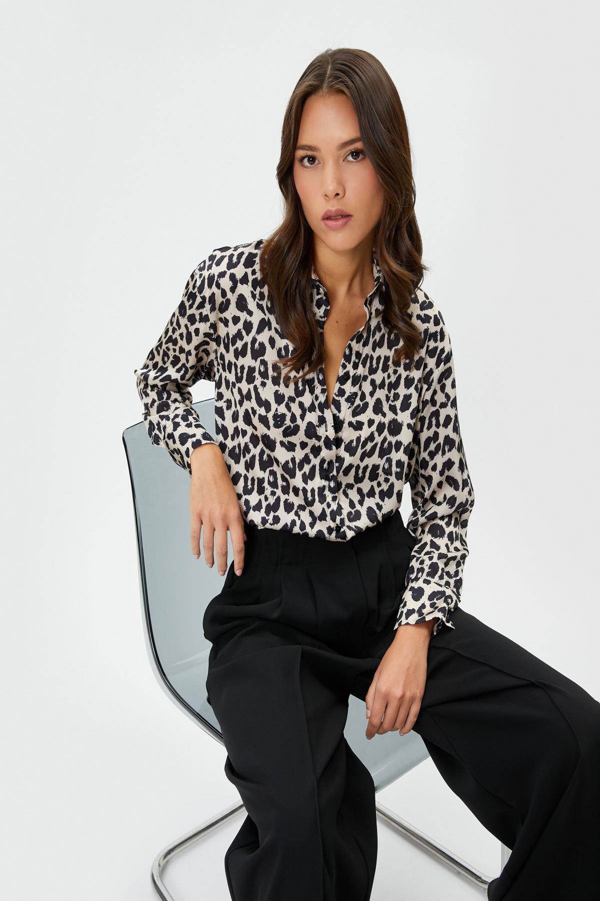 Koton Satin Shirt Leopard Patterned Pocket Buttoned Long Sleeve