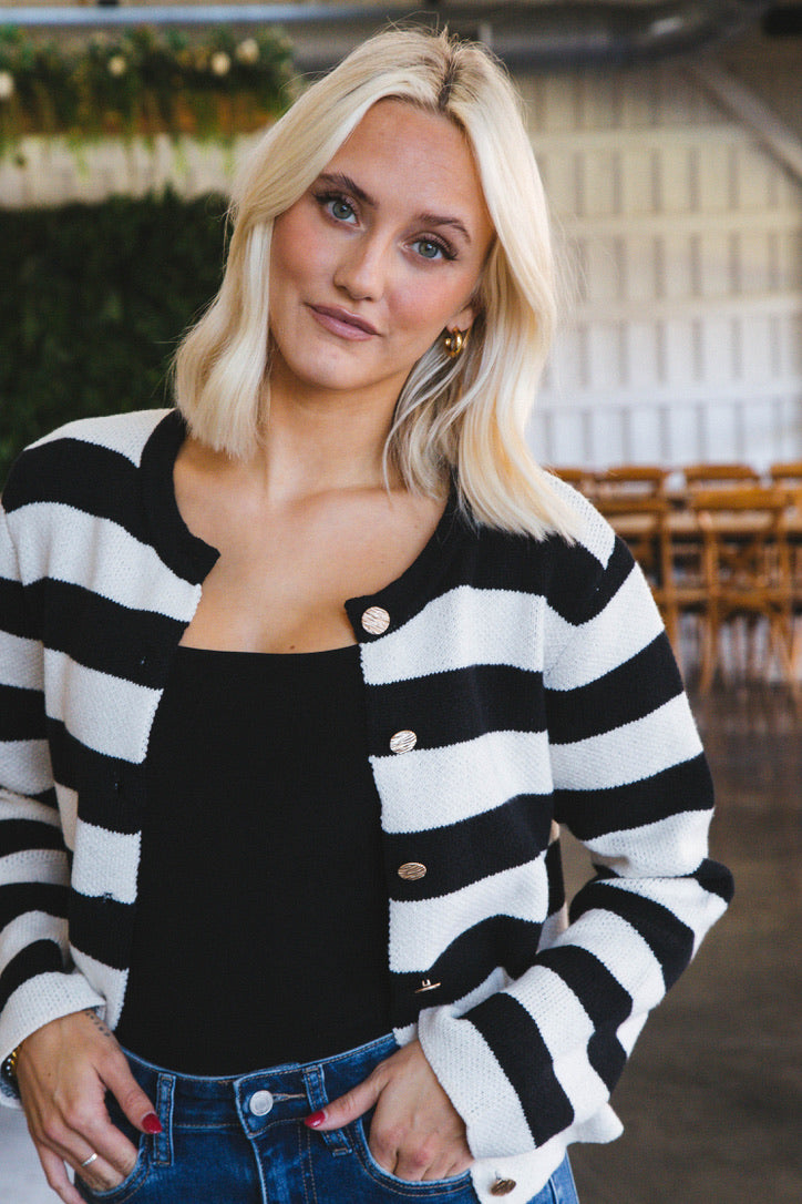 Calliope Stripe Button Down Sweater Crop Jacket Black