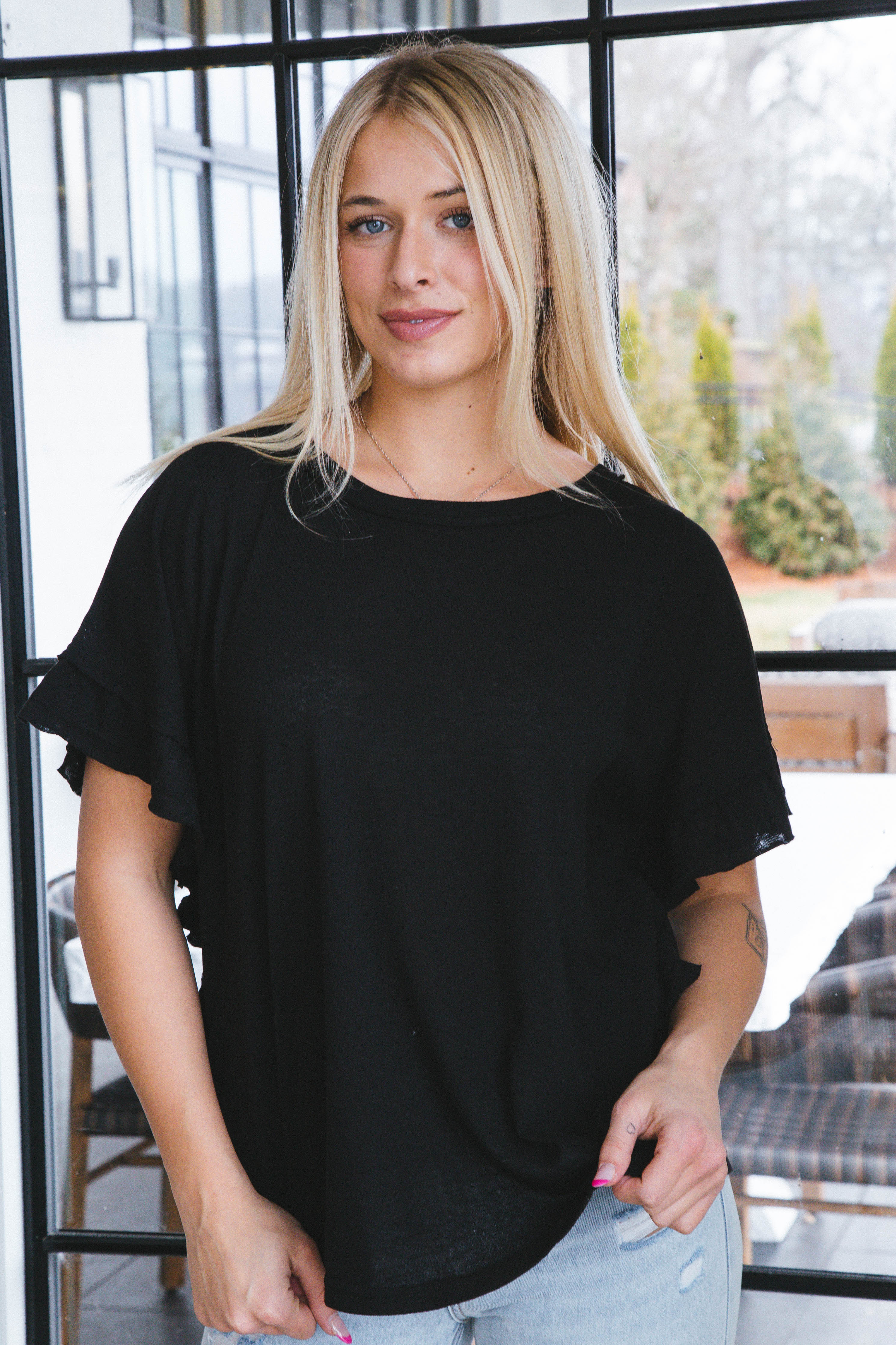 Lillian Ruffle Batwing Sleeve Top Black