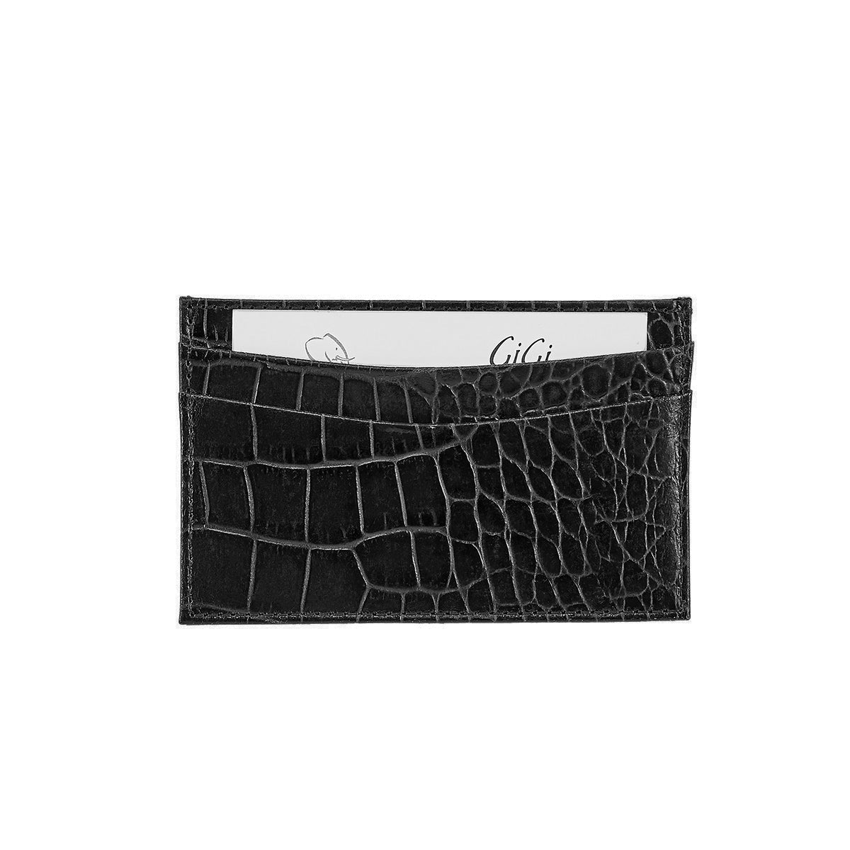 Graphic Image Slim Design Card Case Black Crocodile Embossed Leather