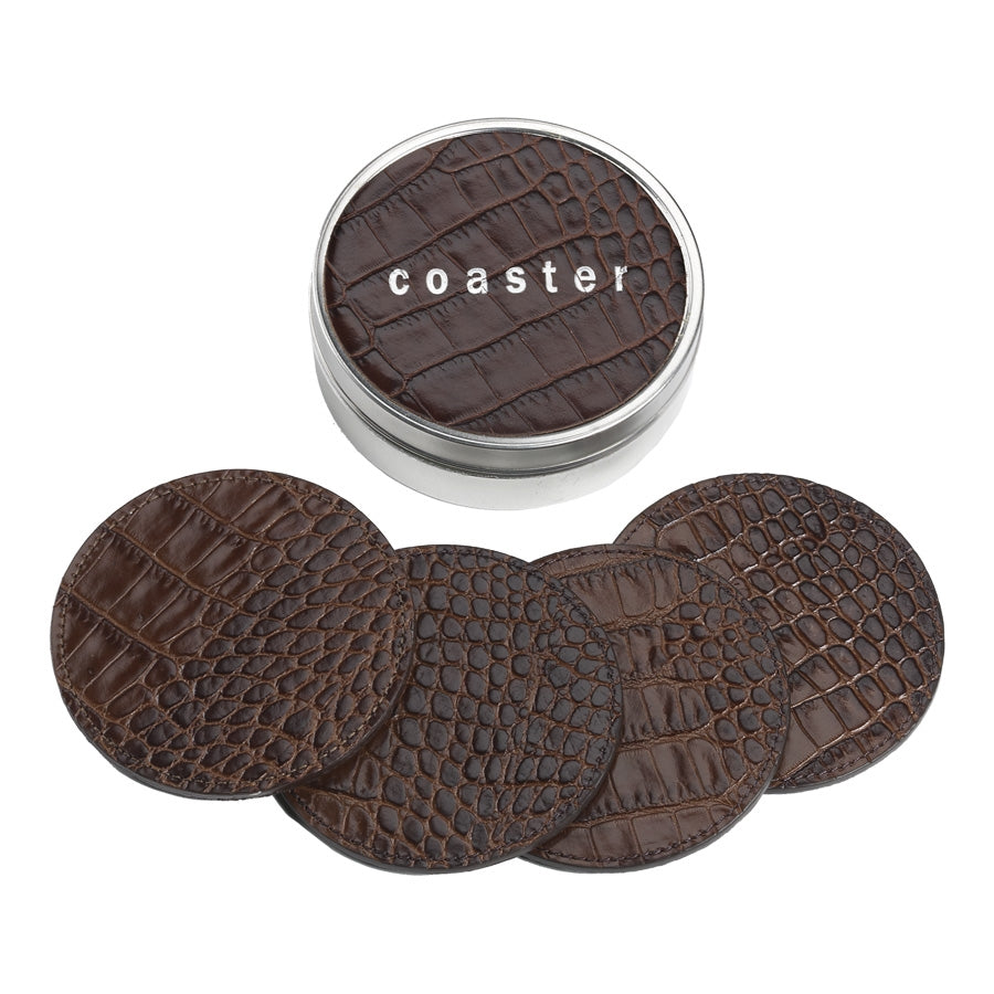 Graphic Image 4 Coasters with Tin Box Brown Crocodile Embossed Leather