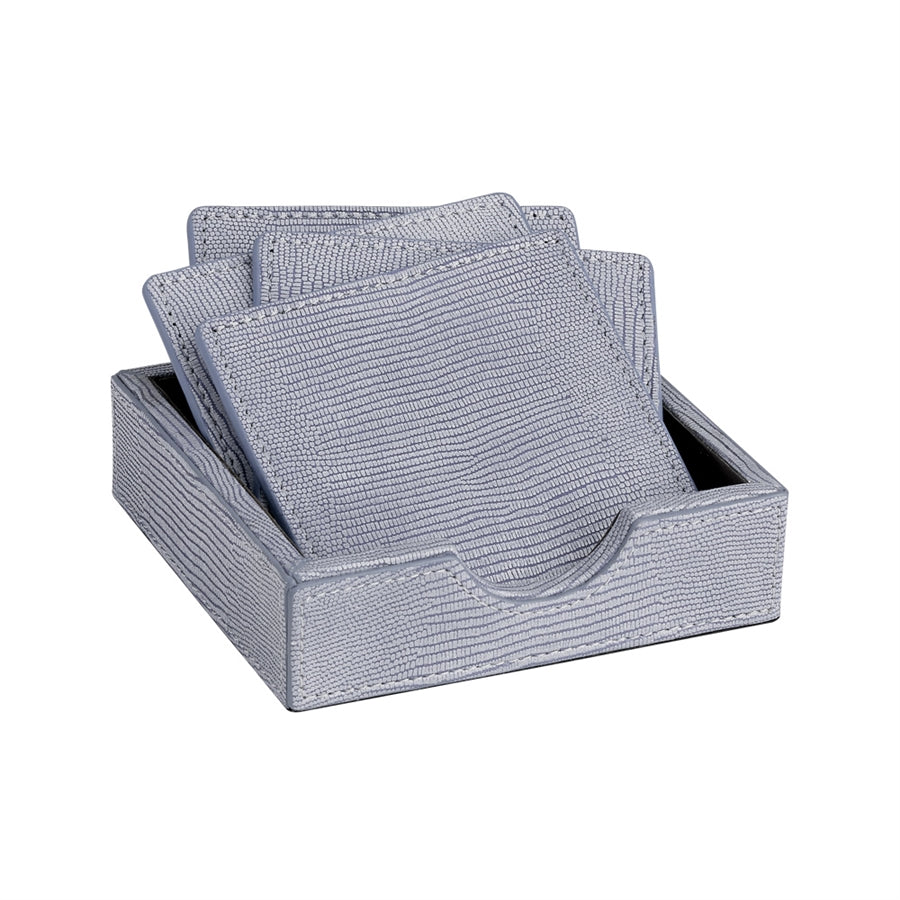 Graphic Image Blue Square Coasters in a Tejus Leather Tray