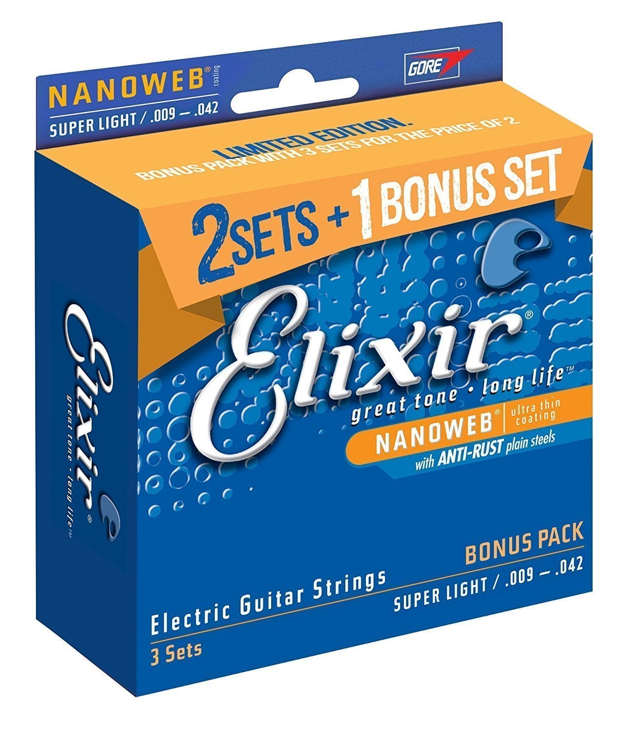Elixir 16540 Nanoweb Super Light 9-42 3 Pack Set Electric Strings
