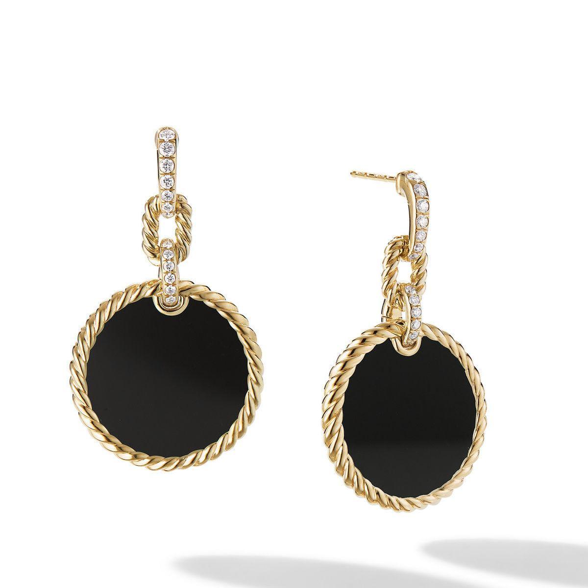 David Yurman DY Elements Drop Earrings 18K Yellow Gold with Black Onyx and Pave Diamonds 192740834684