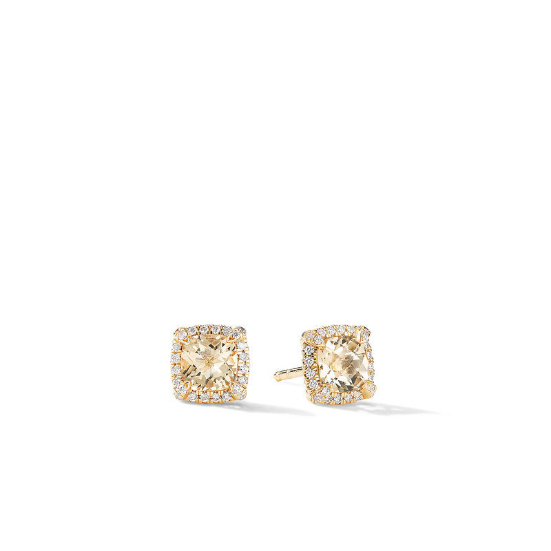 David Yurman Petite Chatelaine Pave Bezel Stud Earrings in 18K Yellow Gold with Champagne Citrine and Diamonds 192740943928