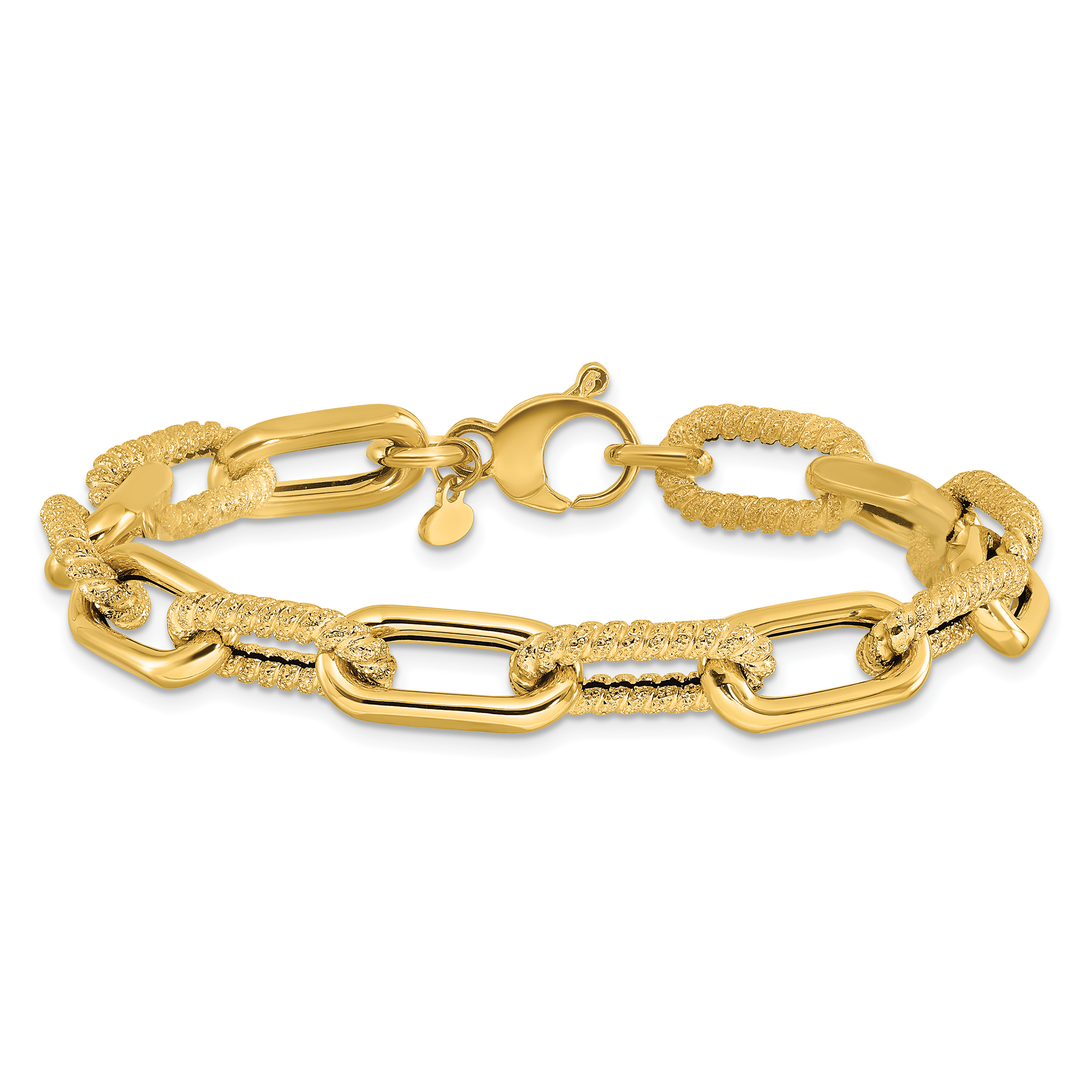 Yellow Gold Hollow Polished and Textured Link Chain Bracelet | 9mm | 7.5 Inches 196904190906