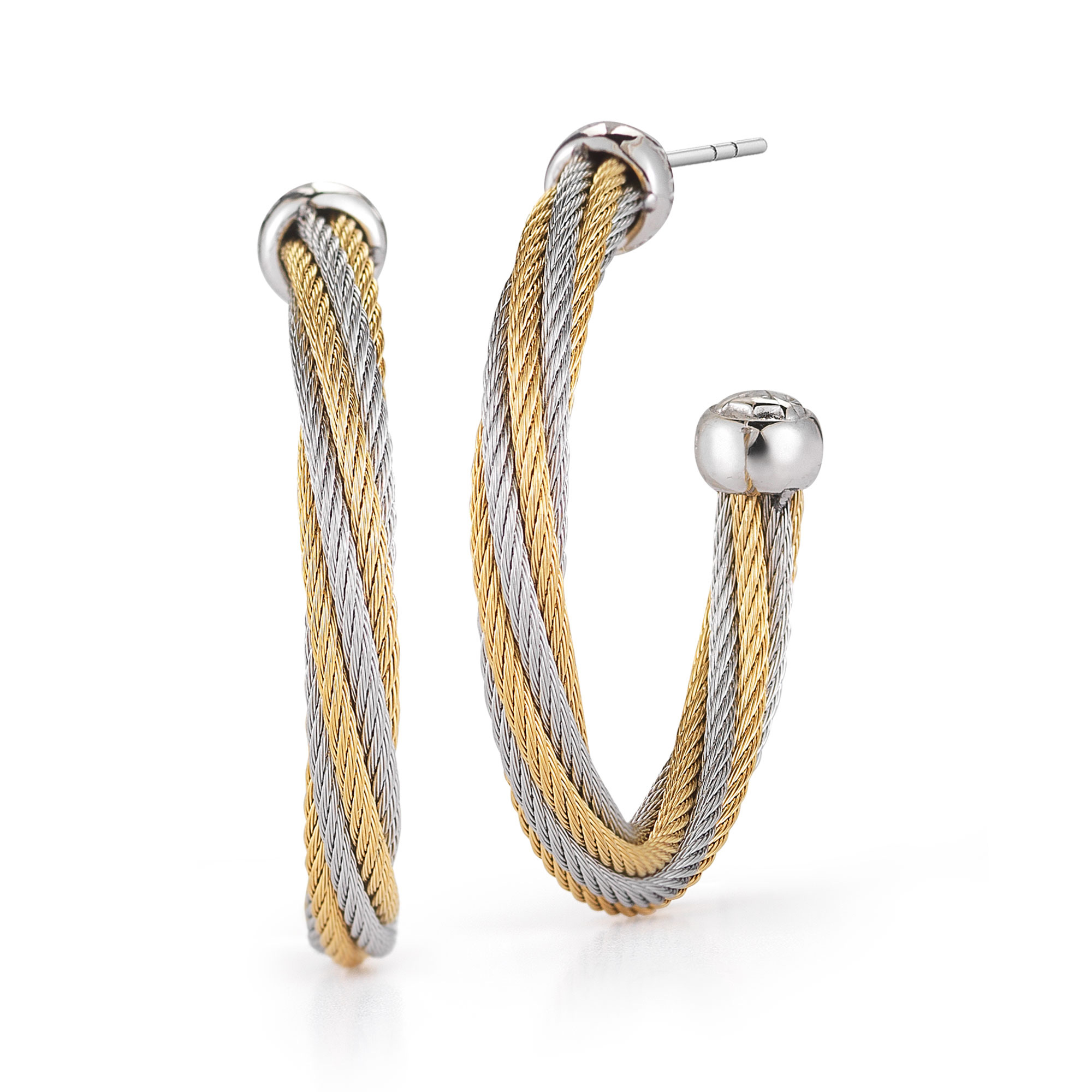 ALOR Grey and Yellow Stainless Steel and White Gold Twisted Cable Hoop Earrings 649276209177