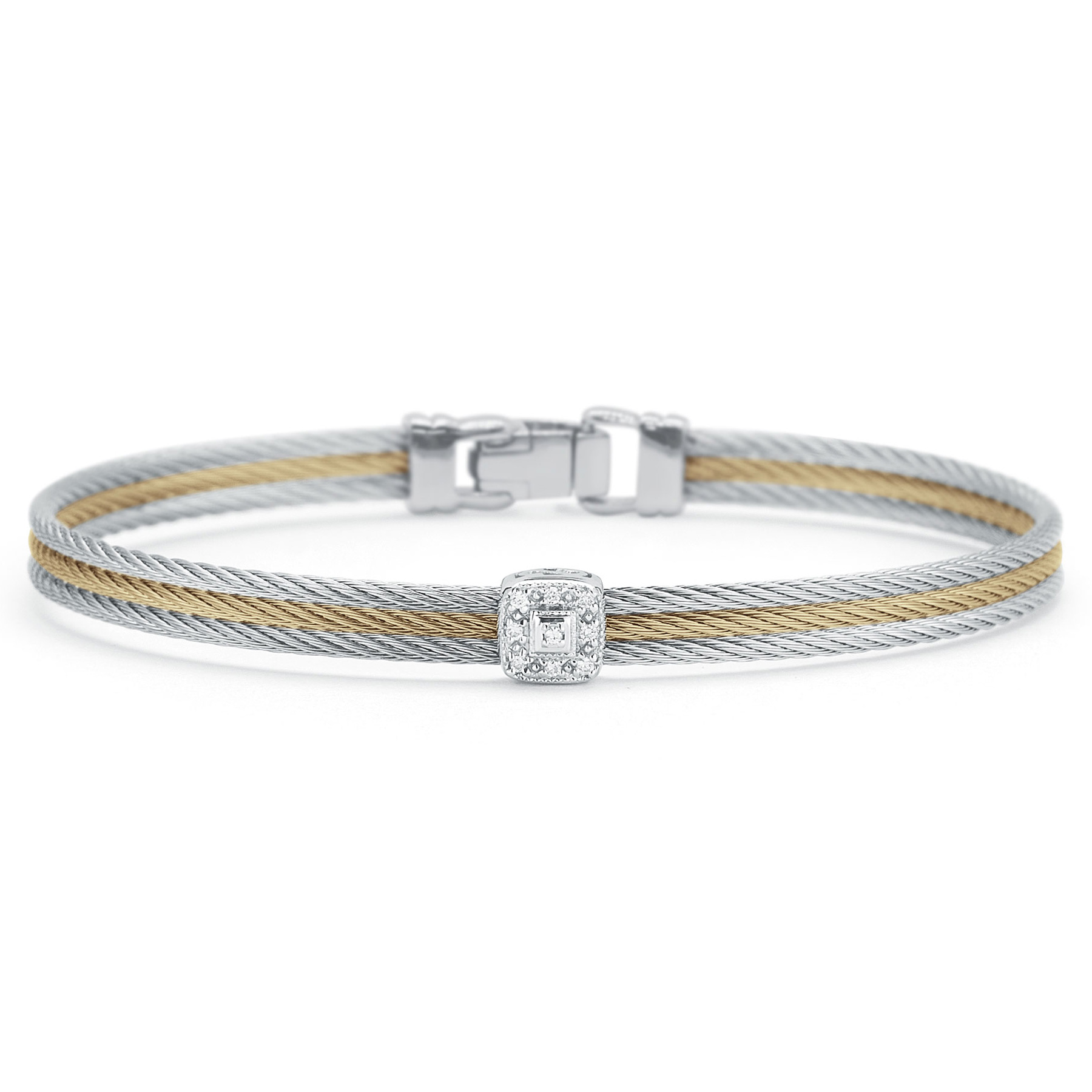 ALOR 1/20ctw Diamond Single Square Station Grey Cable, Yellow Cable, and White Gold Classic Stackable Bracelet 649276209276