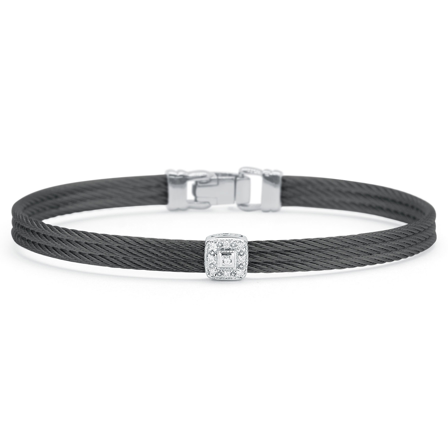 ALOR 1/20ctw Diamond Single Square Station Black Cable and White Gold Classic Stackable Bracelet 649276219459