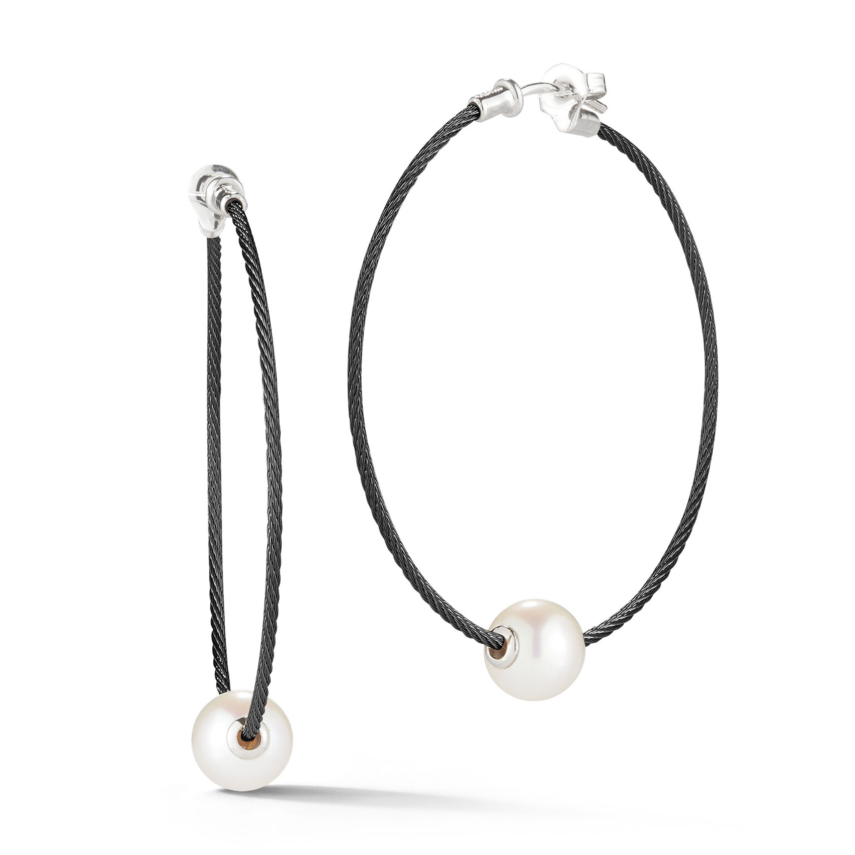 ALOR Freshwater Cultured Pearl Black Cable Stainless Steel and White Gold Hoop Earrings 649276325228