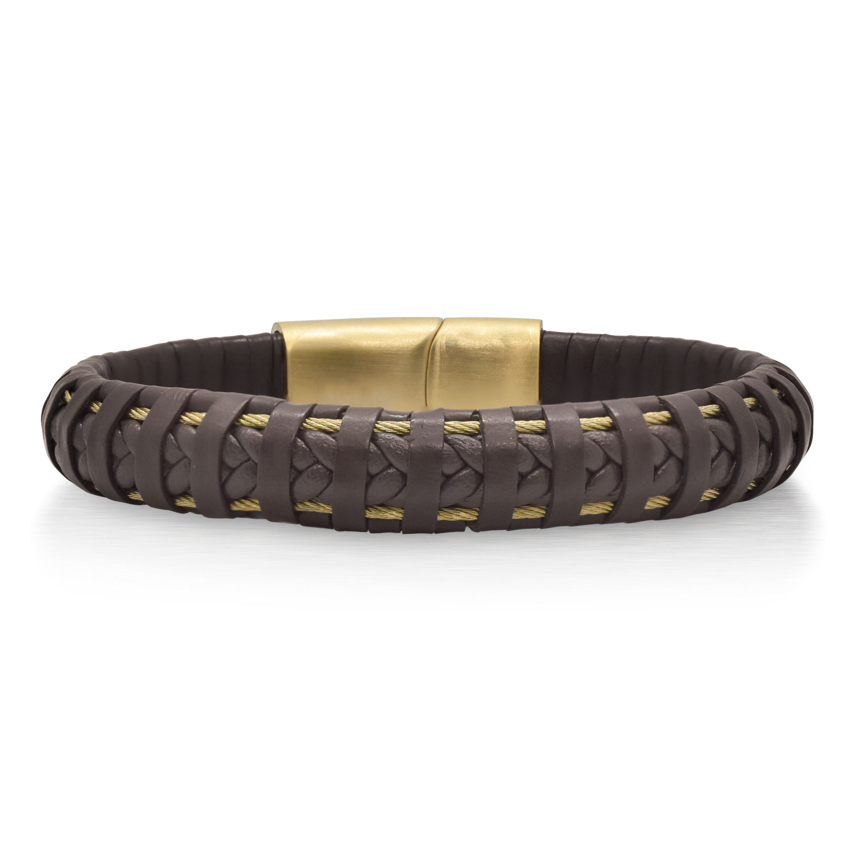 ALOR Chocolate Leather and Yellow Cable Stainless Steel Wrapped Bracelet | Men's 649276361806