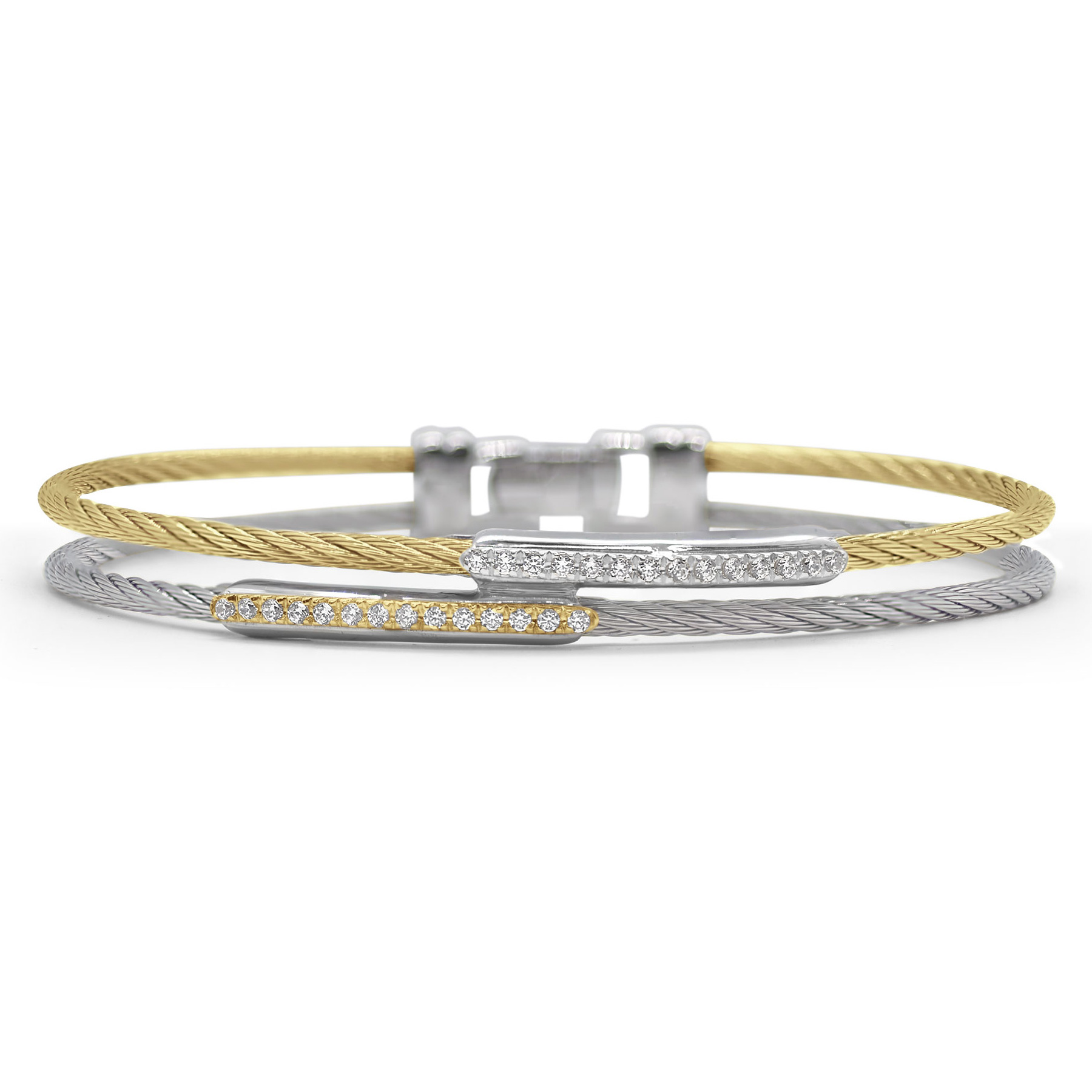 ALOR 1/4ctw Diamond Grey and Yellow Cable Stainless Steel and Gold Dual Channel Bar Bracelet 649276393531