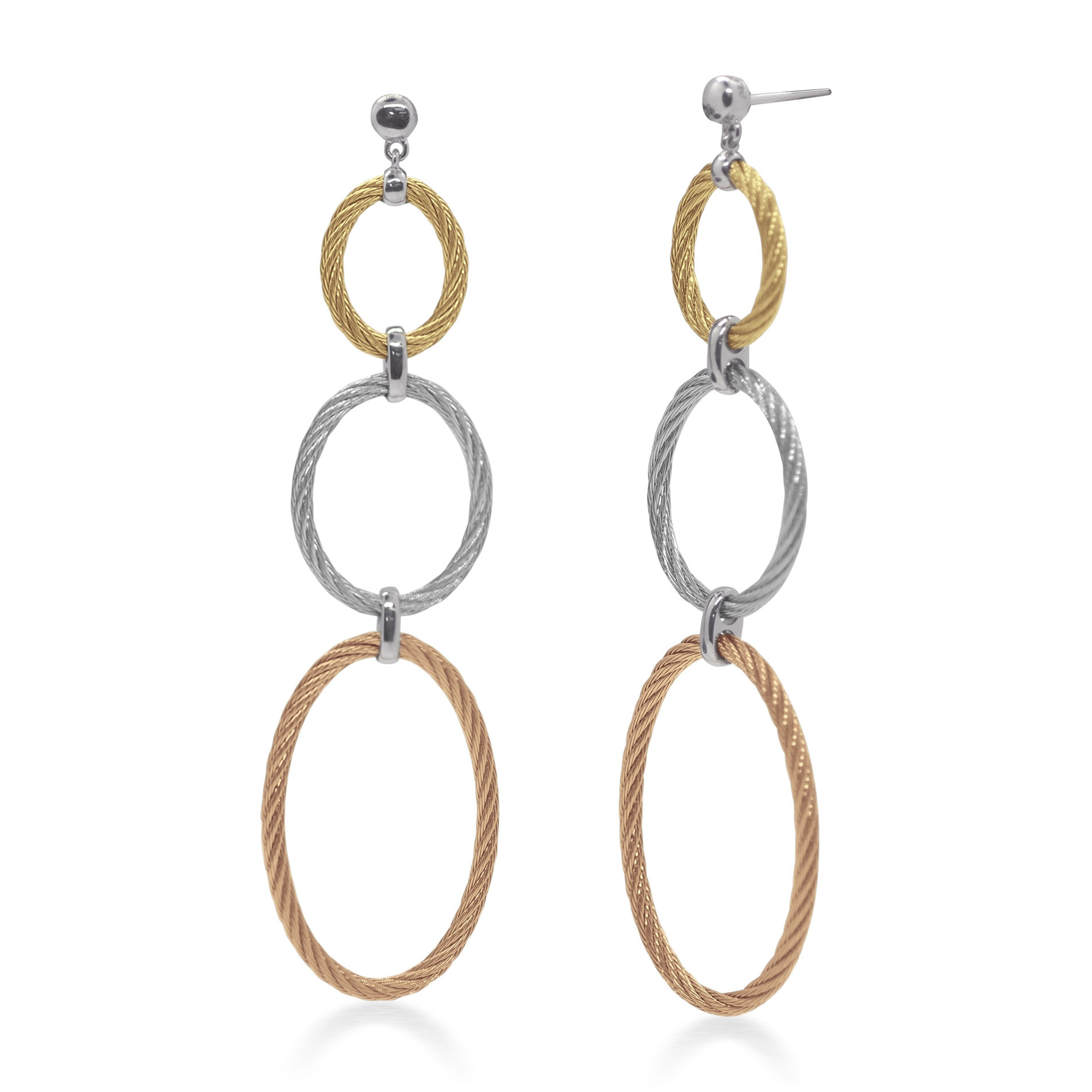ALOR Carnation, Grey, and Yellow Cable Stainless Steel Triple Drop Oval Earrings 649276402677