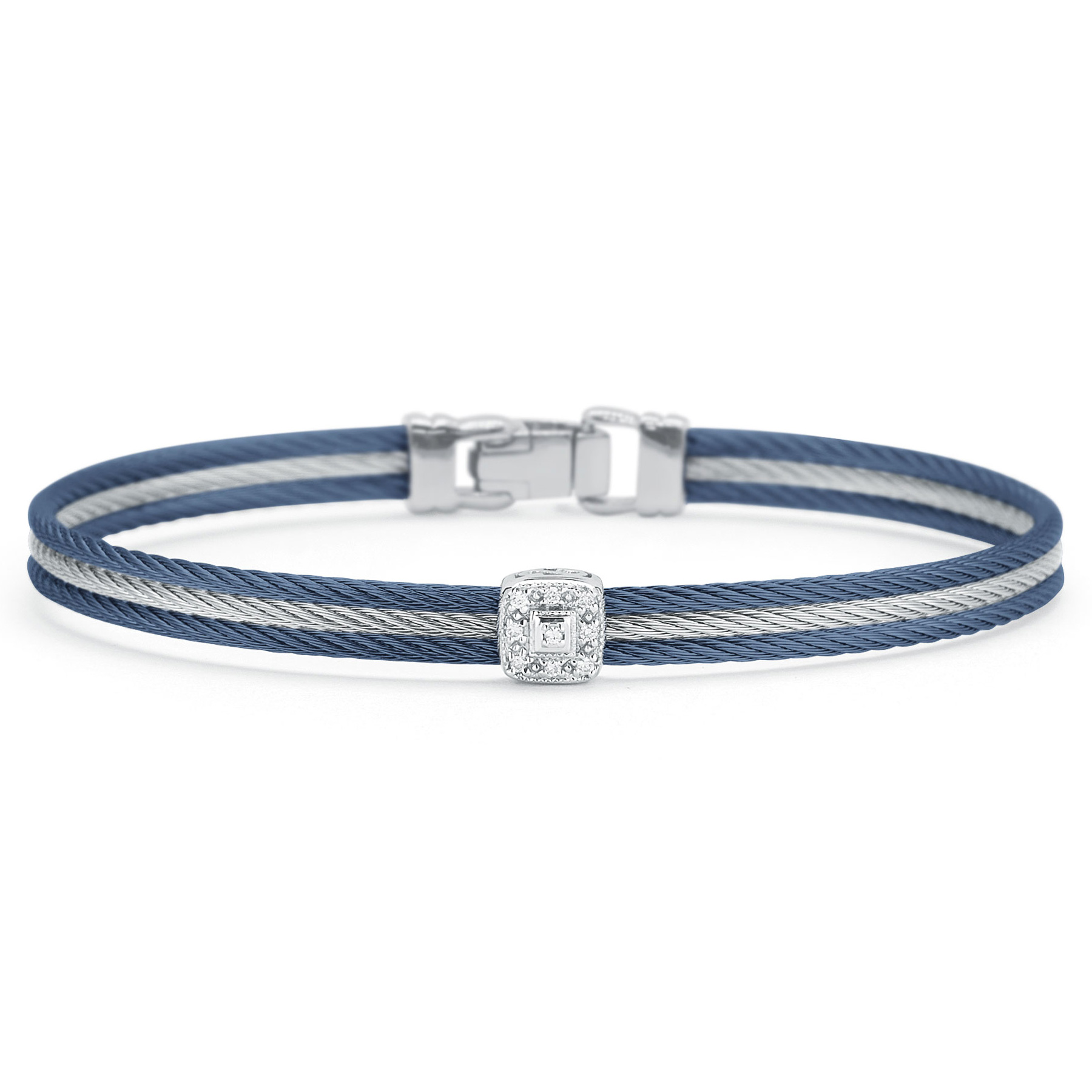 ALOR 1/20ctw Diamond Single Square Station Blueberry Cable, Grey Cable, and White Gold Classic Stackable Bracelet 649276404701