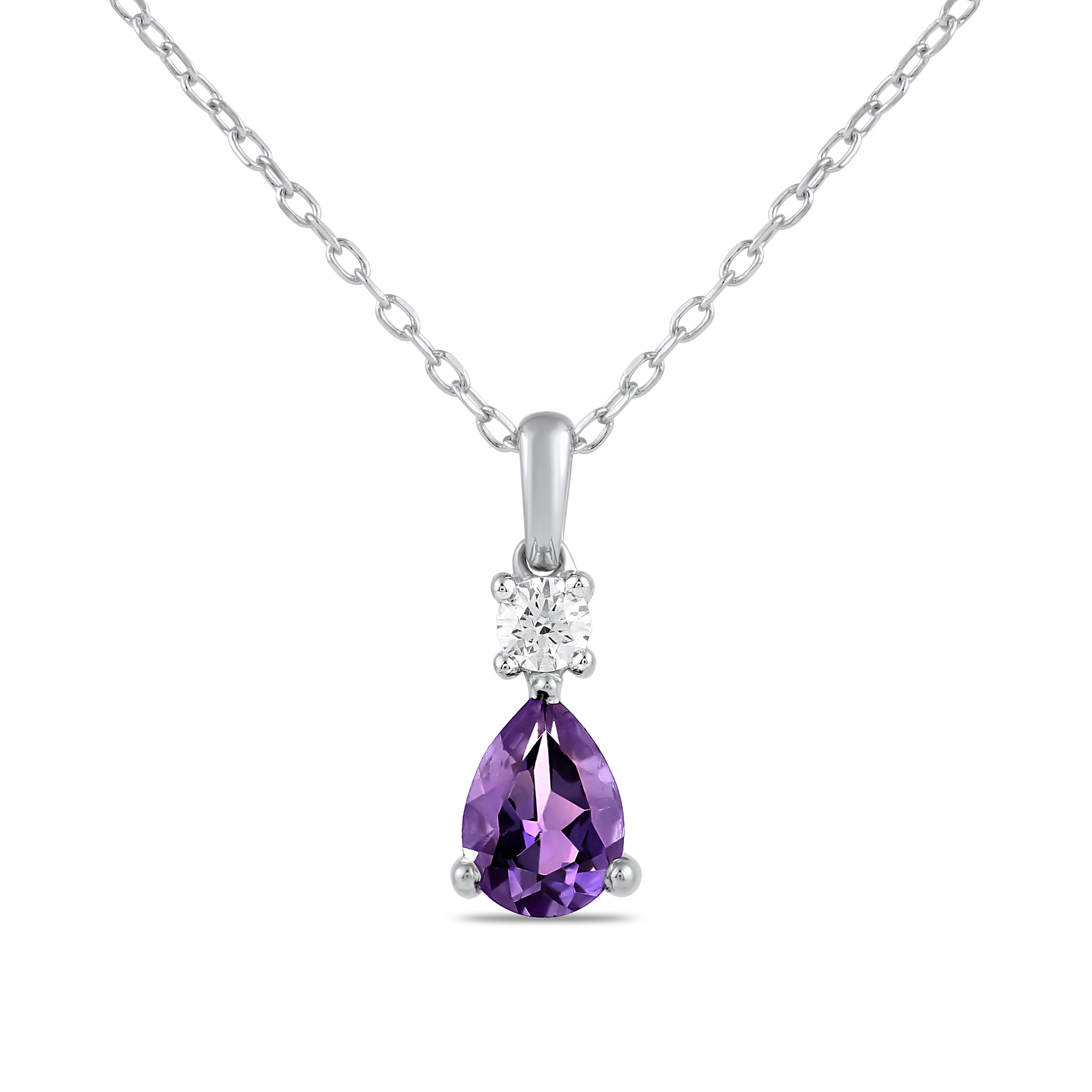 Pear Amethyst and 1/8ct Lab Grown Diamond White Gold Pendant Necklace 673226400895