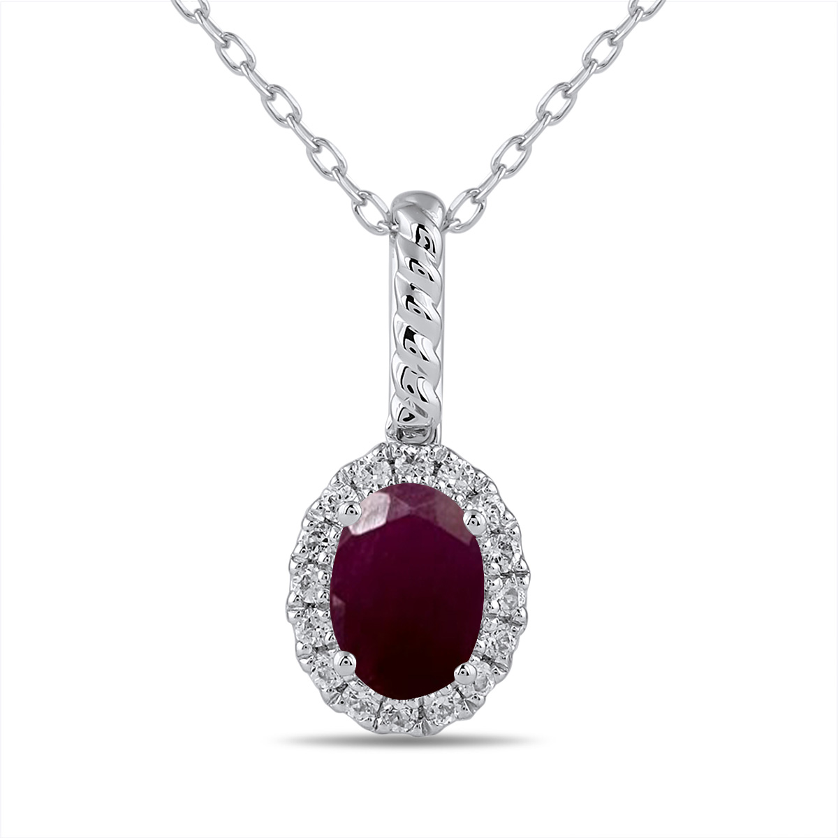 Oval Ruby and 1/6ctw Lab Grown Diamond Halo White Gold Pendant Necklace 673226401823