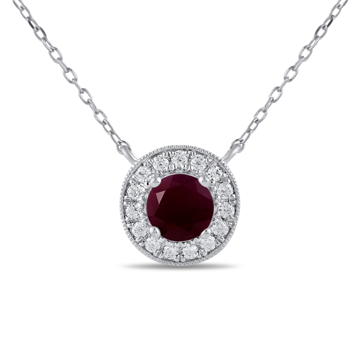 Round Ruby and 1/5ctw Lab Grown Diamond Halo White Gold Necklace 673226402875