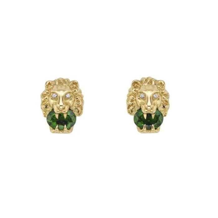 Gucci Lion Head and Diamond Chrome Diopside Stud Earrings 731903476745