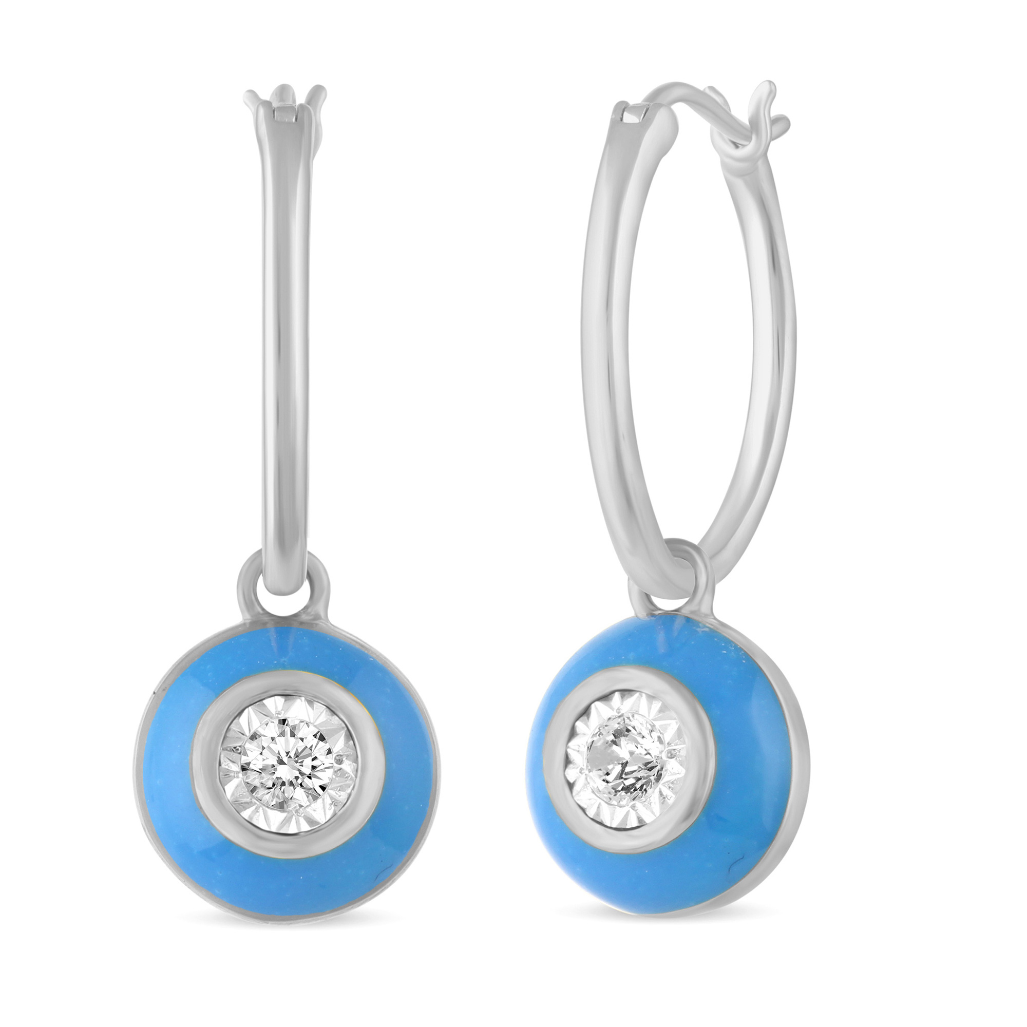 1/6ctw Diamond Solitaire and Blue Enamel Sterling Silver Hoop Drop Earrings 810081225755