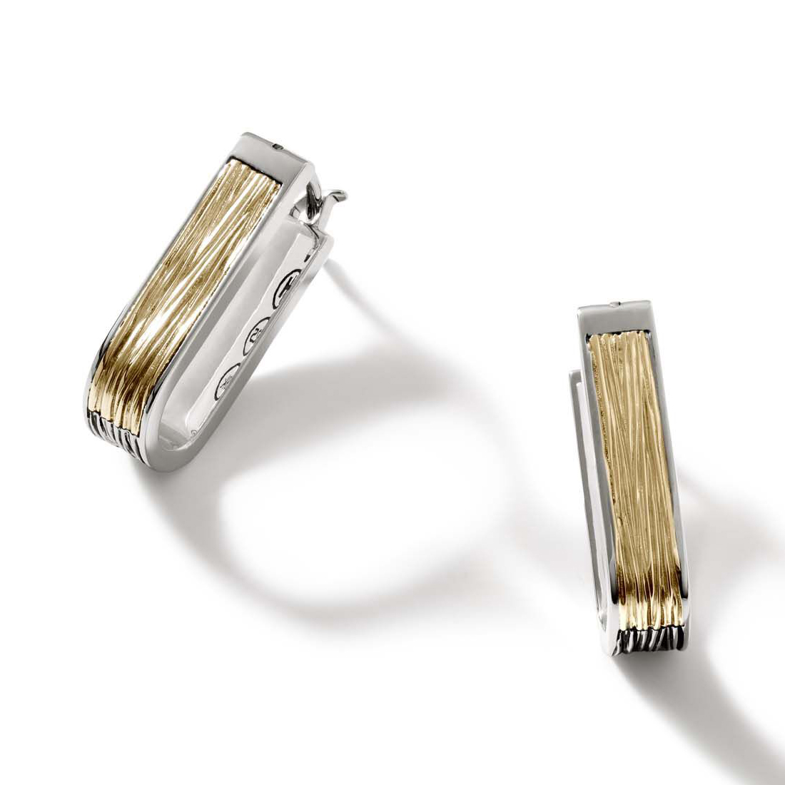 John Hardy Bamboo Striated Two-Tone Yellow Gold and Sterling Silver Hoop Earrings 8254292474151
