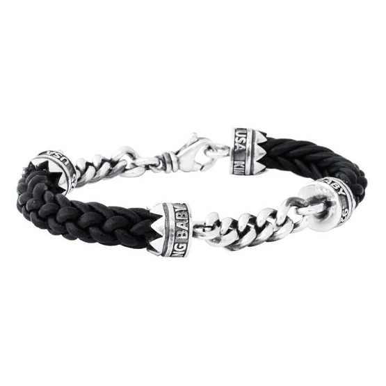 King Baby Double Sterling Silver Chain and Leather Lanyard Bracelet | 8.75 Inches 846886022145