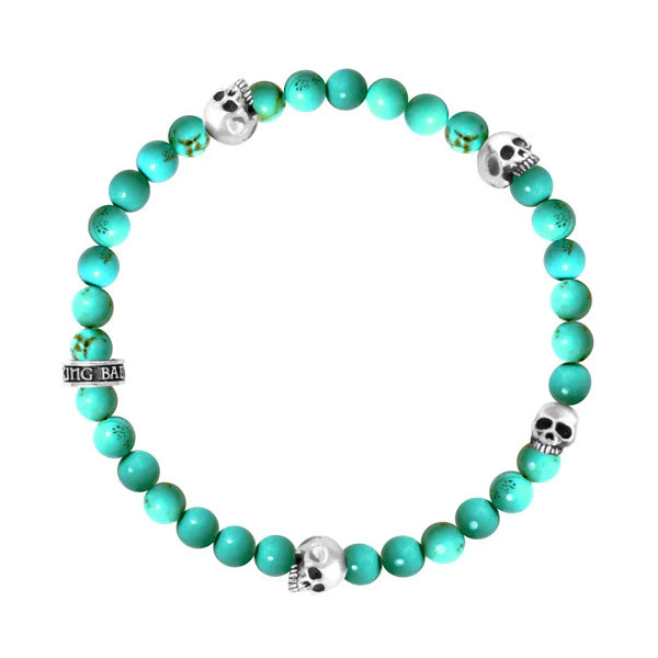 King Baby Turquoise Beaded Stretch Bracelet with 4 Sterling Silver Skulls | 6mm 846886096061