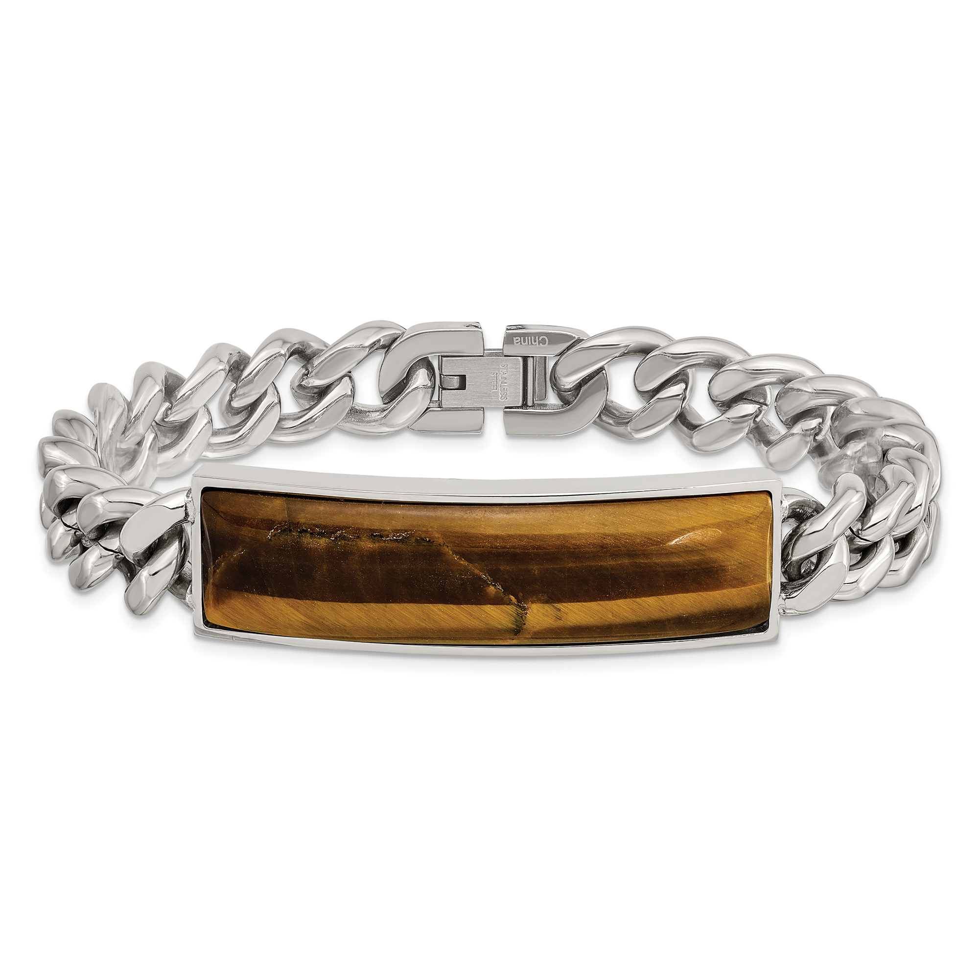 Stainless Steel and Tiger's Eye Inlay ID Curb Chain Bracelet | 15mm | 8.25 Inches | Men's 886774639963