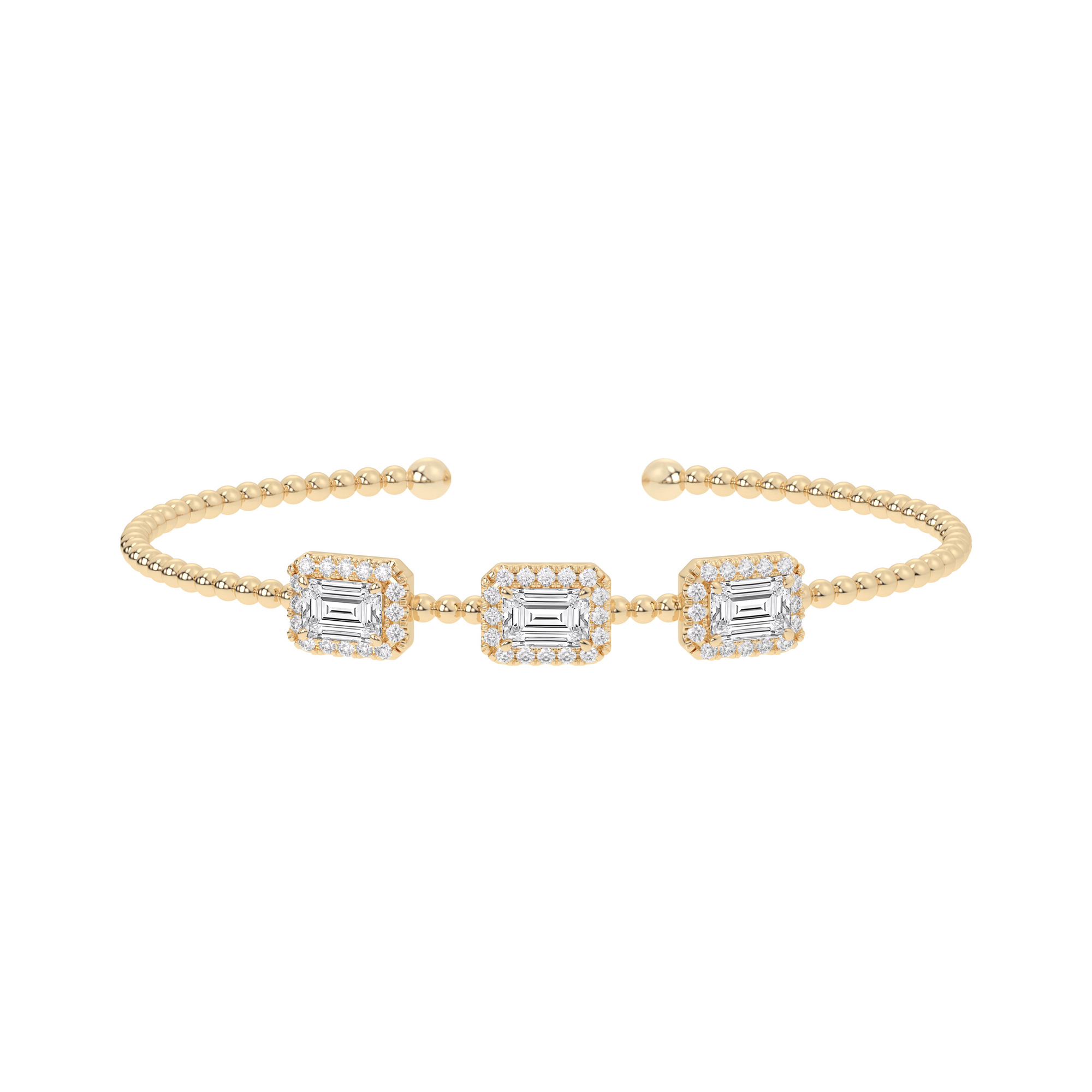 2 ctw Emerald-Shaped Lab Grown Diamond Yellow Gold Beaded Bangle Bracelet 
